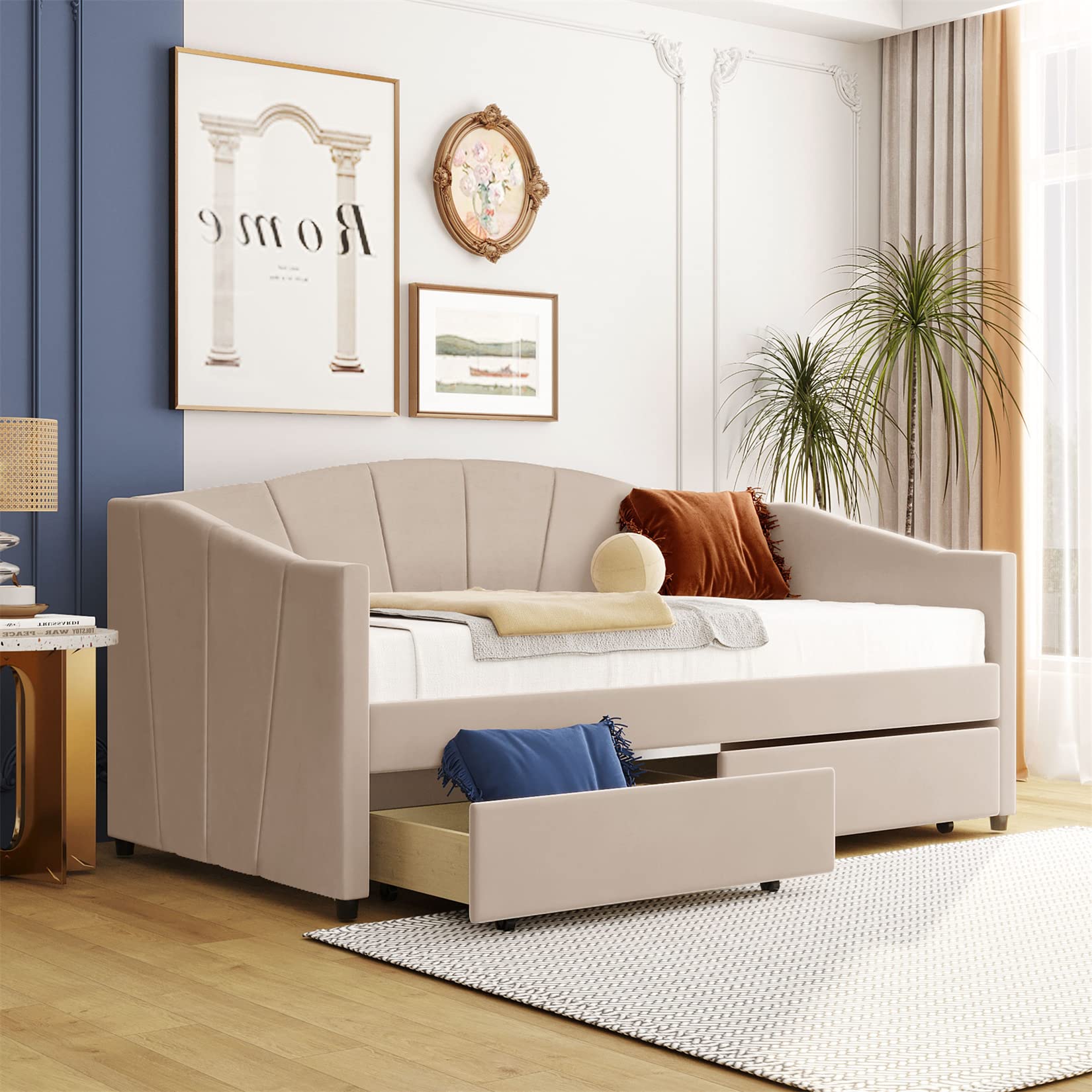 Bellemave Twin Daybed with Storage Drawers - Upholstered Velvet Sofa Bed Frame, Beige Convertible Sleeper for Small Spaces | Perfect for Bedroom, Living Room, Guest Room & Studio Apartments