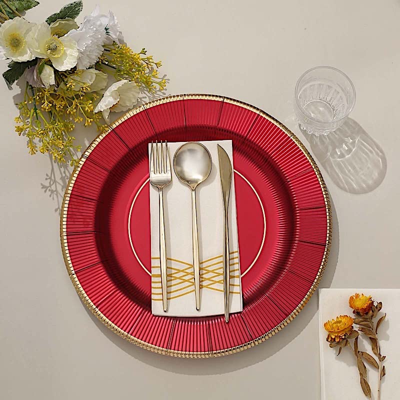 25 Pack 13-inch Round Disposable Paper Plates - Burgundy with Metallic Trim for Weddings, Parties, Catering & Home Decor - Elegant Charger Plates for Dinnerware & Table Setting
