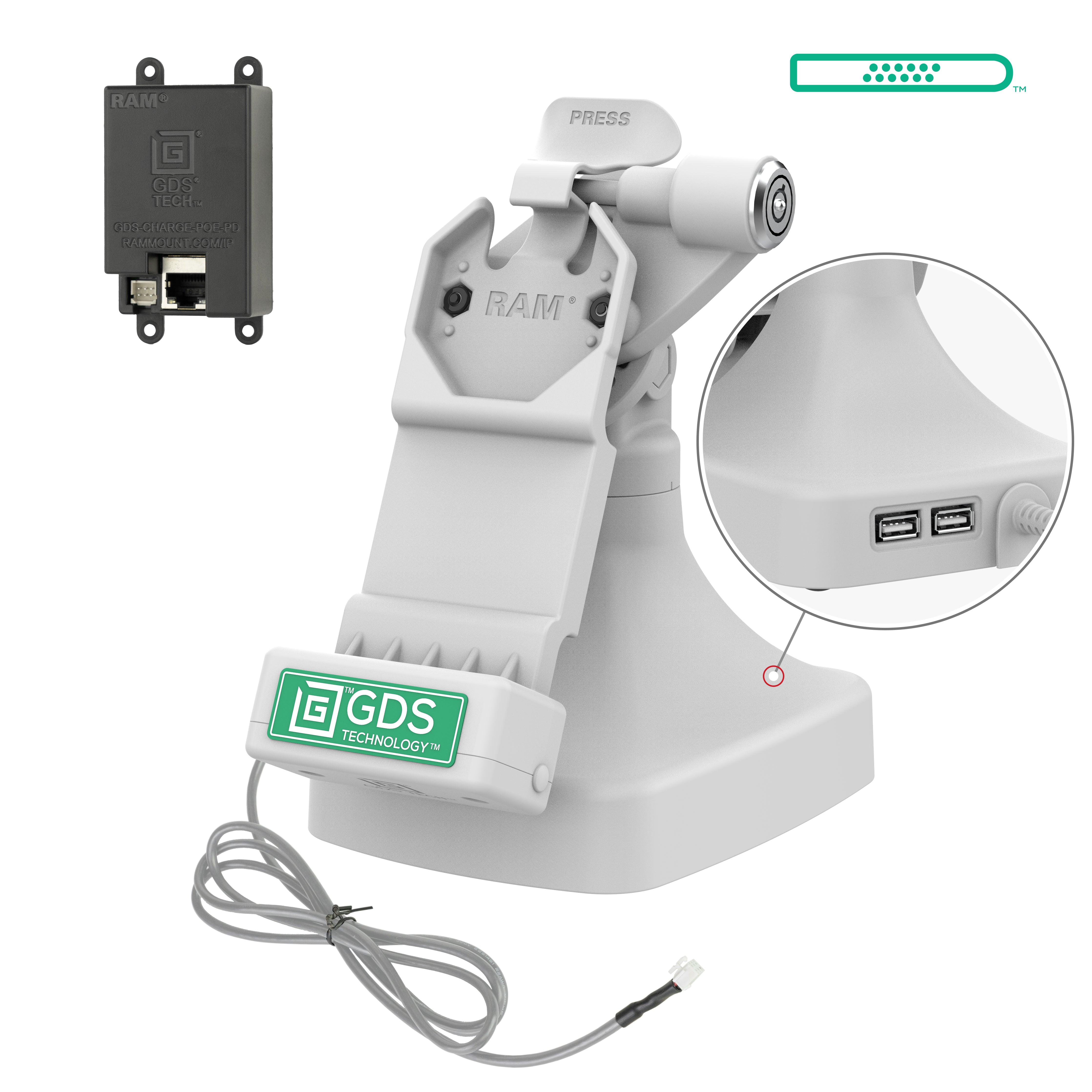 GDS® Uni Conn™ Locking Tilt & Swivel Dock with PoE + Data - Gray (RAM GDS DOCKLR D14 U1E 2A GRY) - Secure Mounting Solution for Tablets, POS Systems & Industrial Displays in Harsh Environments