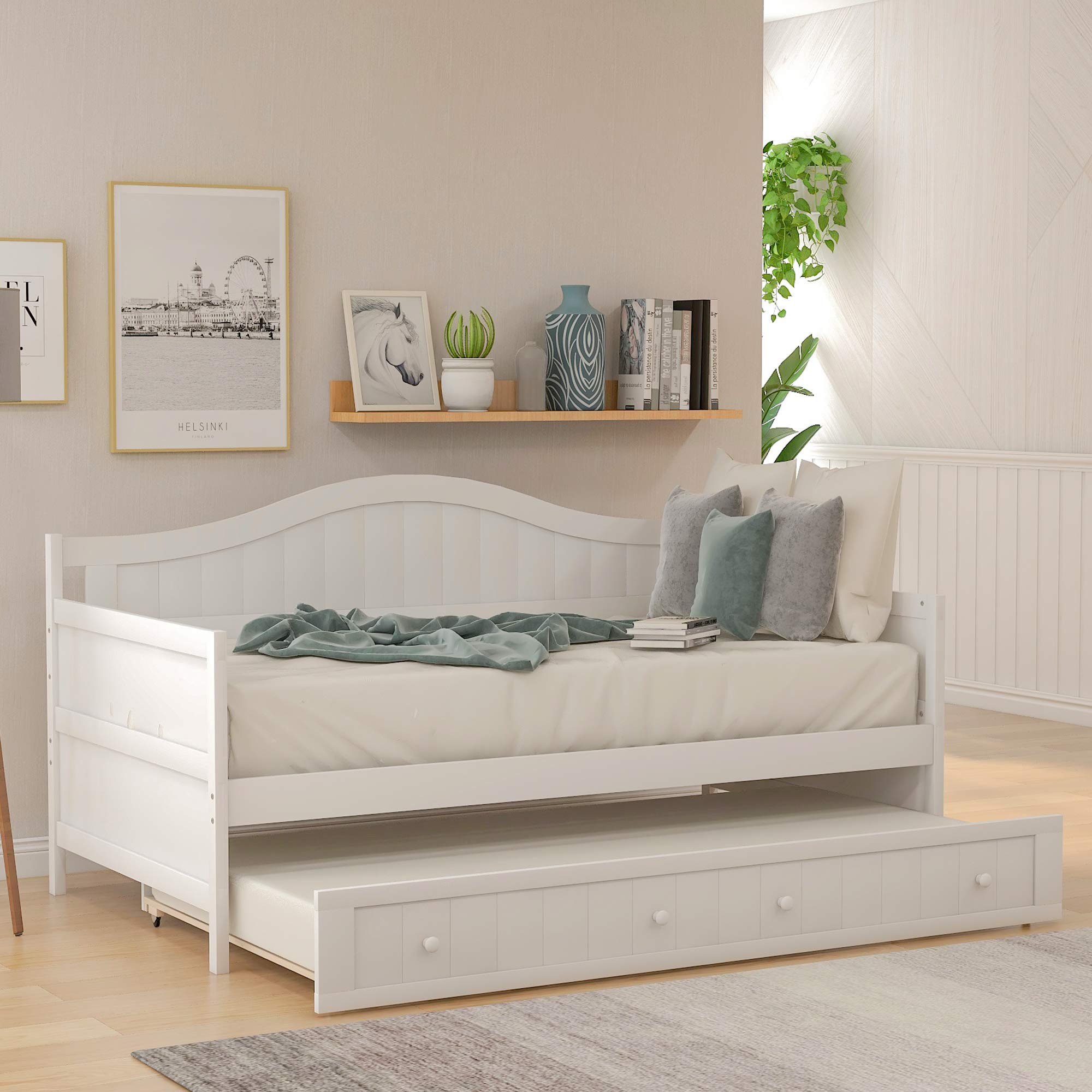 Twin Size Wooden Daybed with Trundle - Space Saving Sofa Bed for Bedroom & Living Room - White