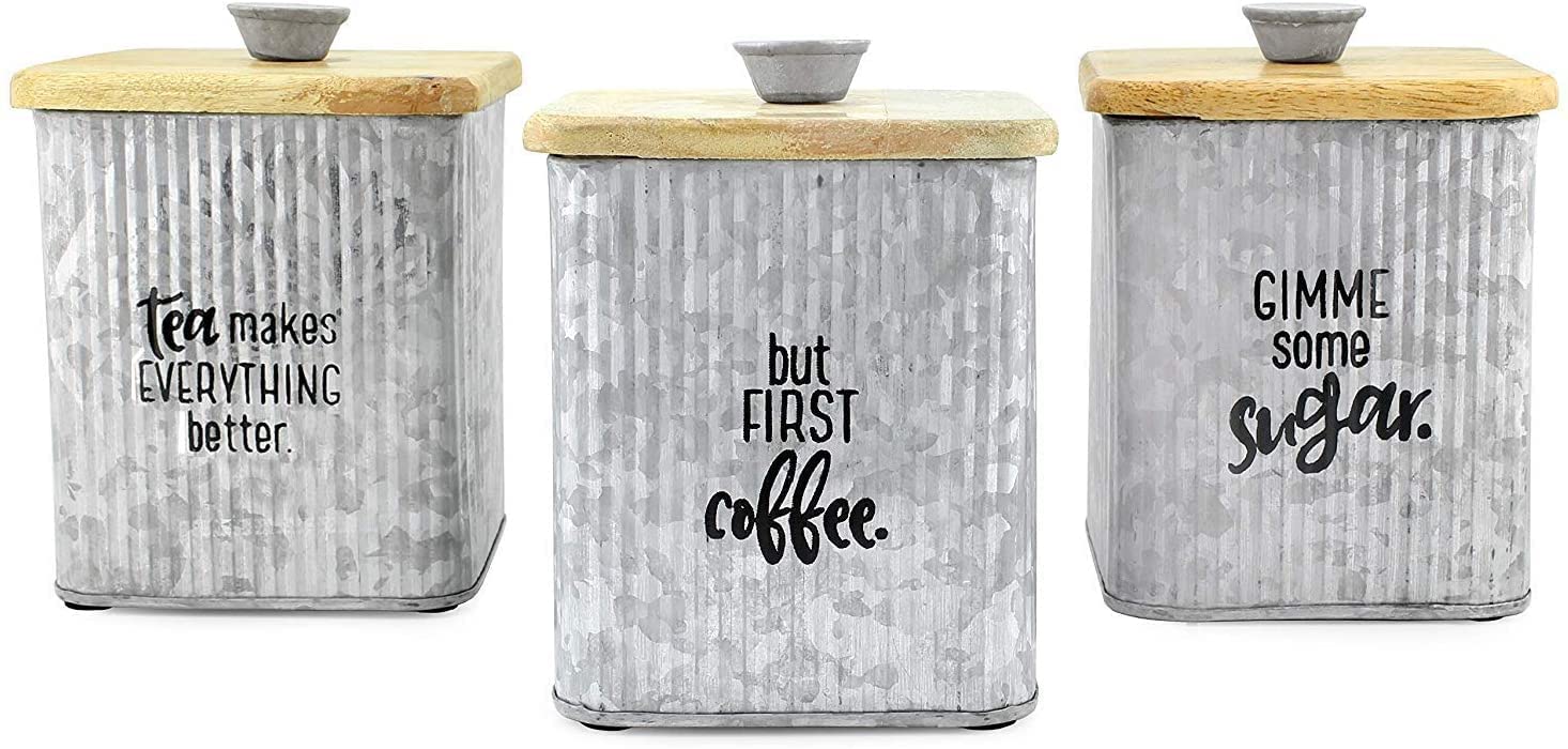 AuldHome 3-Piece Farmhouse Galvanized Canister Set - Rustic Wood & Metal Storage Containers for Coffee, Tea, Sugar - Kitchen Pantry Organization & Countertop Decor