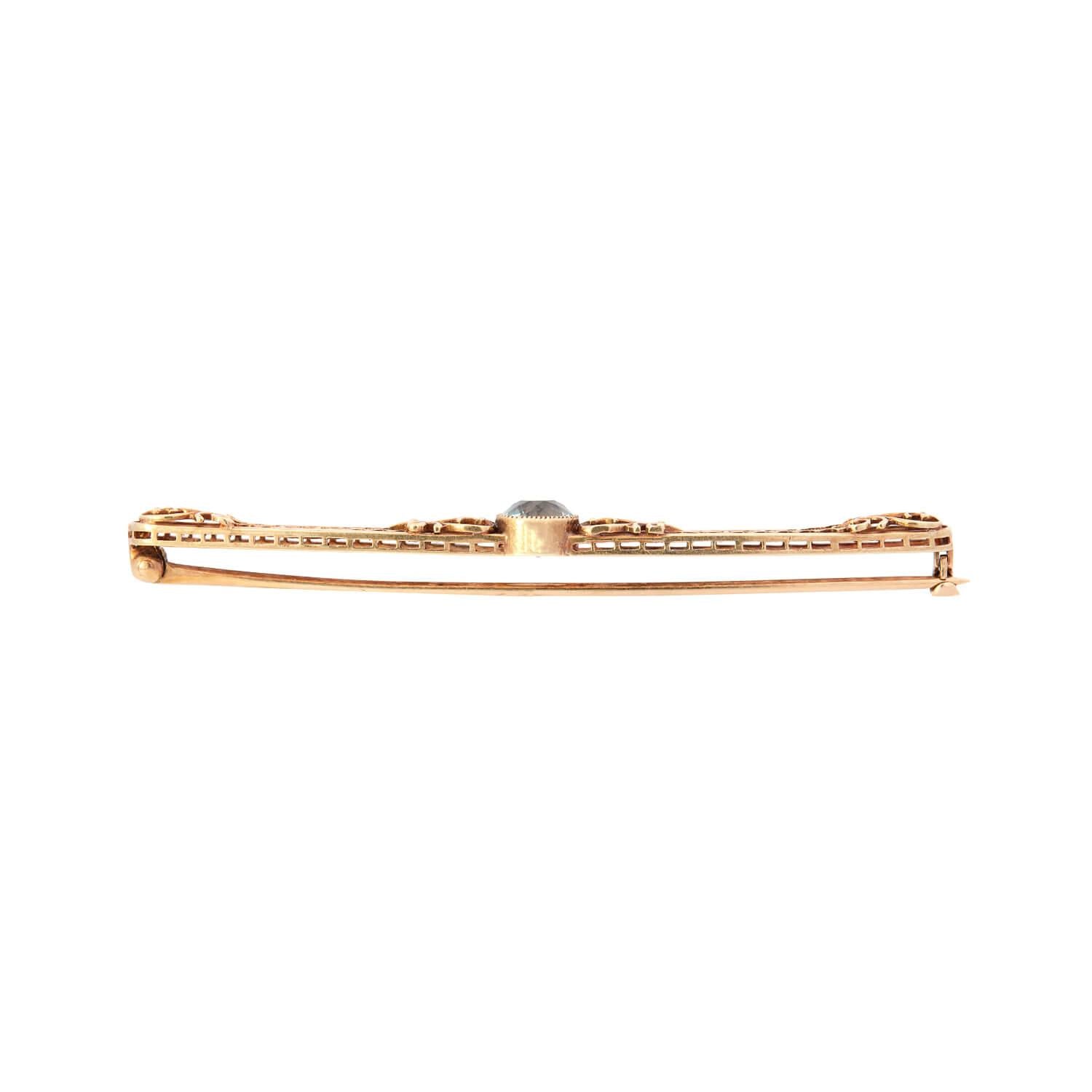 14K Gold Victorian Aquamarine Filigree Bar Pin - Elegant Antique Jewelry for Bridal, Vintage Fashion & Special Occasions