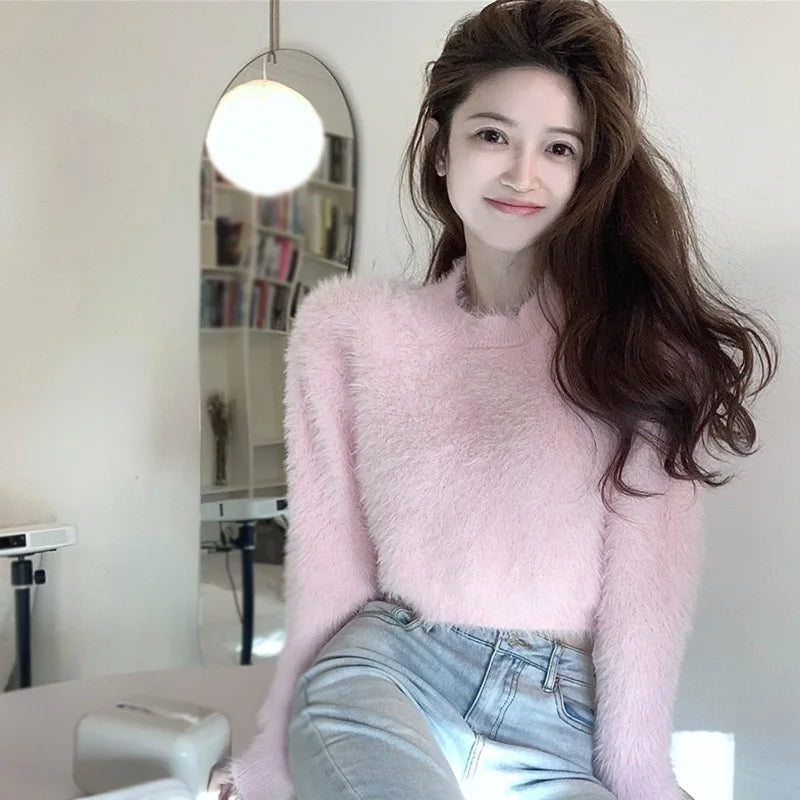 Women's Round Neck Long Sleeve Knitted Velvet Sweater - Soft Winter Pullover for Casual Outfits & Office Wear