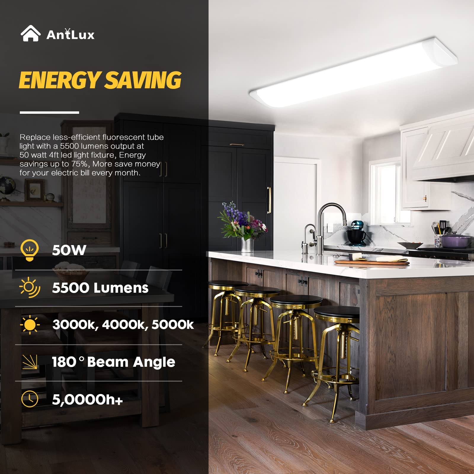 ANTLUX 4FT LED Wraparound Flush Mount Ceiling Light, 50W 5500LM Dimmable with 3 Color Temperatures, 48 Inch Energy Efficient LED Fixture for Kitchen, Laundry Room, Office, Garage and Basement Lighting - White
