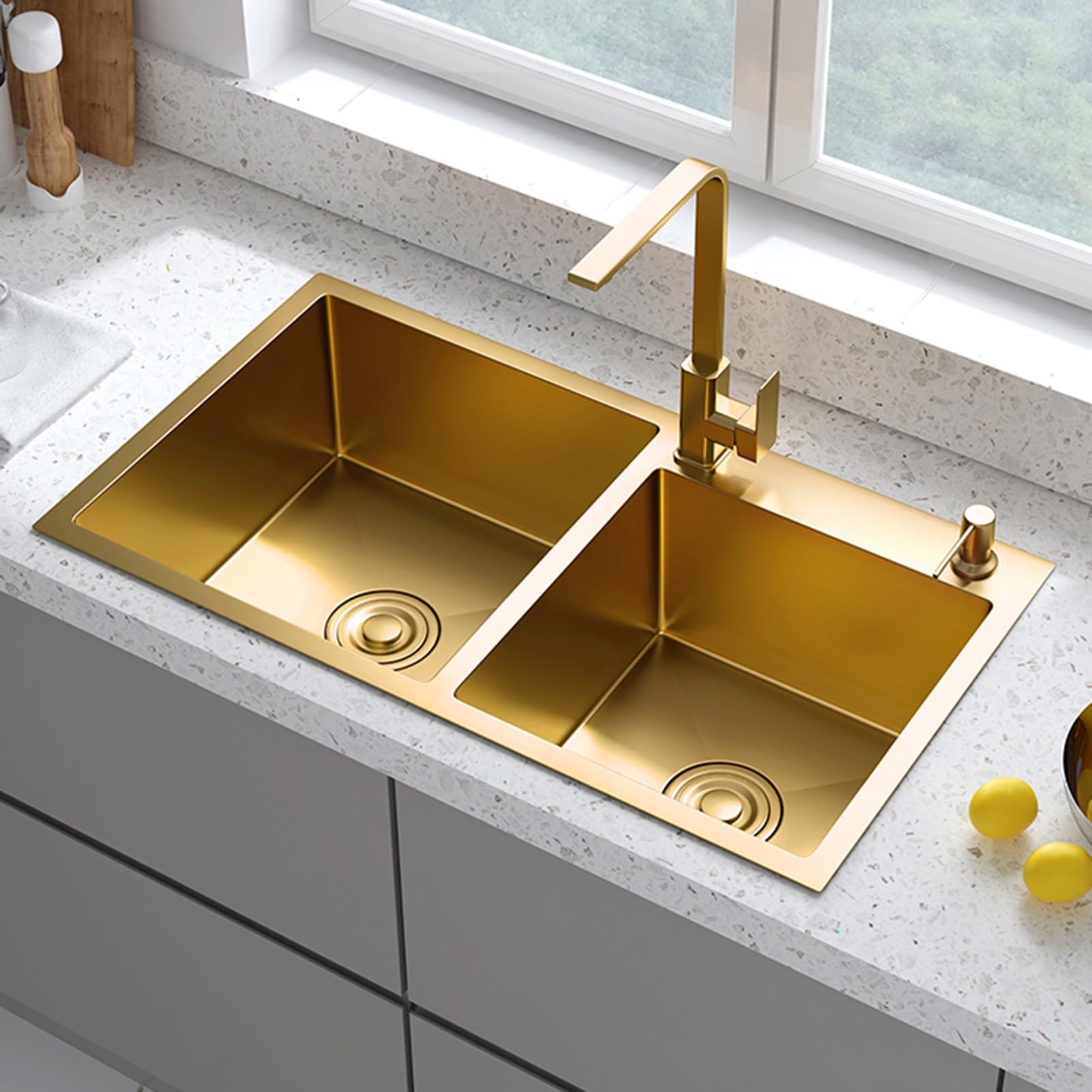 Handmade Nano Gold Double Basin Stainless Steel Kitchen Sink with Soap Dispenser - Large Capacity, Stylish & Durable (Color: Gold, Size: 82cm) - Perfect for Modern Kitchens, Restaurants & Luxury Home Renovations