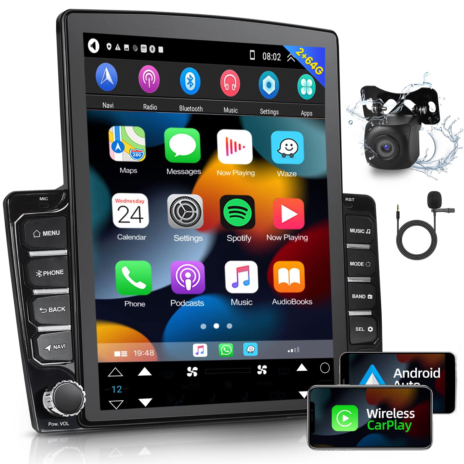 2G+64G Android 13 Vertical Double Din Car Stereo with Wireless/Wired CarPlay & Android Auto - 9.7
