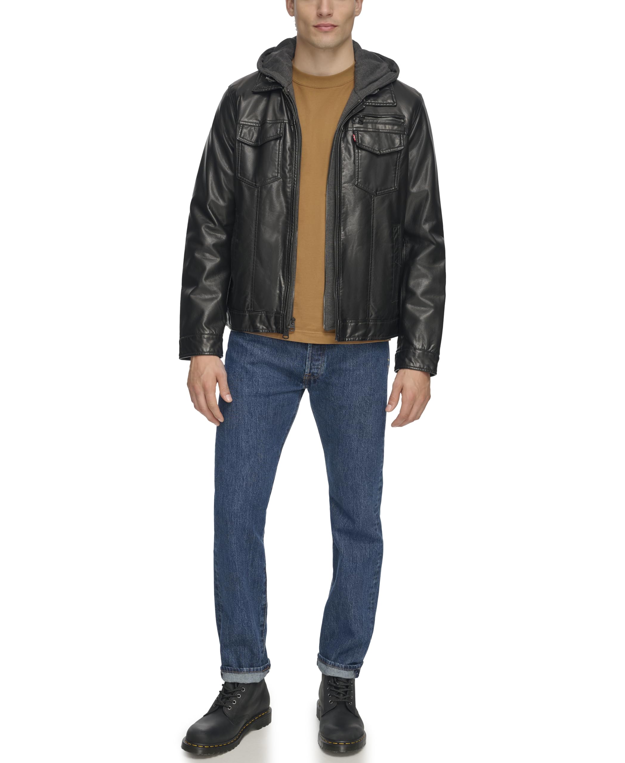 Levi's Men's Faux Leather Hooded Trucker Jacket with Sherpa Lining - Regular, Big & Tall Sizes | Stylish Winter Outerwear for Casual Wear & Outdoor Activities