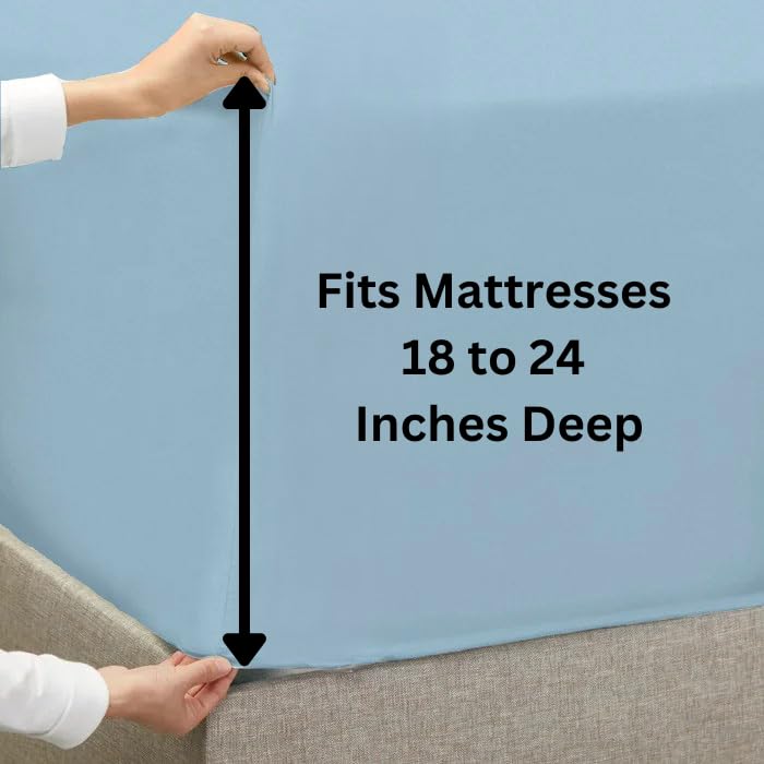 Premium 4-Piece Queen Size Extra Deep Pocket Sheet Set - 18 to 24 Inch Fitted Cotton Bed Sheets in Light Blue - Perfect for Thick Mattresses, Adjustable Beds & Luxury Bedrooms