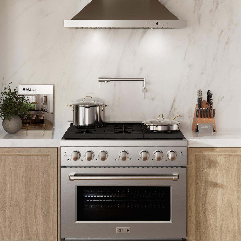 ZLINE 36-inch 5.2 cu. ft. Stainless Steel Dual Fuel Range - Gas Cooktop & Electric Convection Oven with 6 Brass Burners (SDR BR 36) - Perfect for Modern Kitchens & Professional Cooking