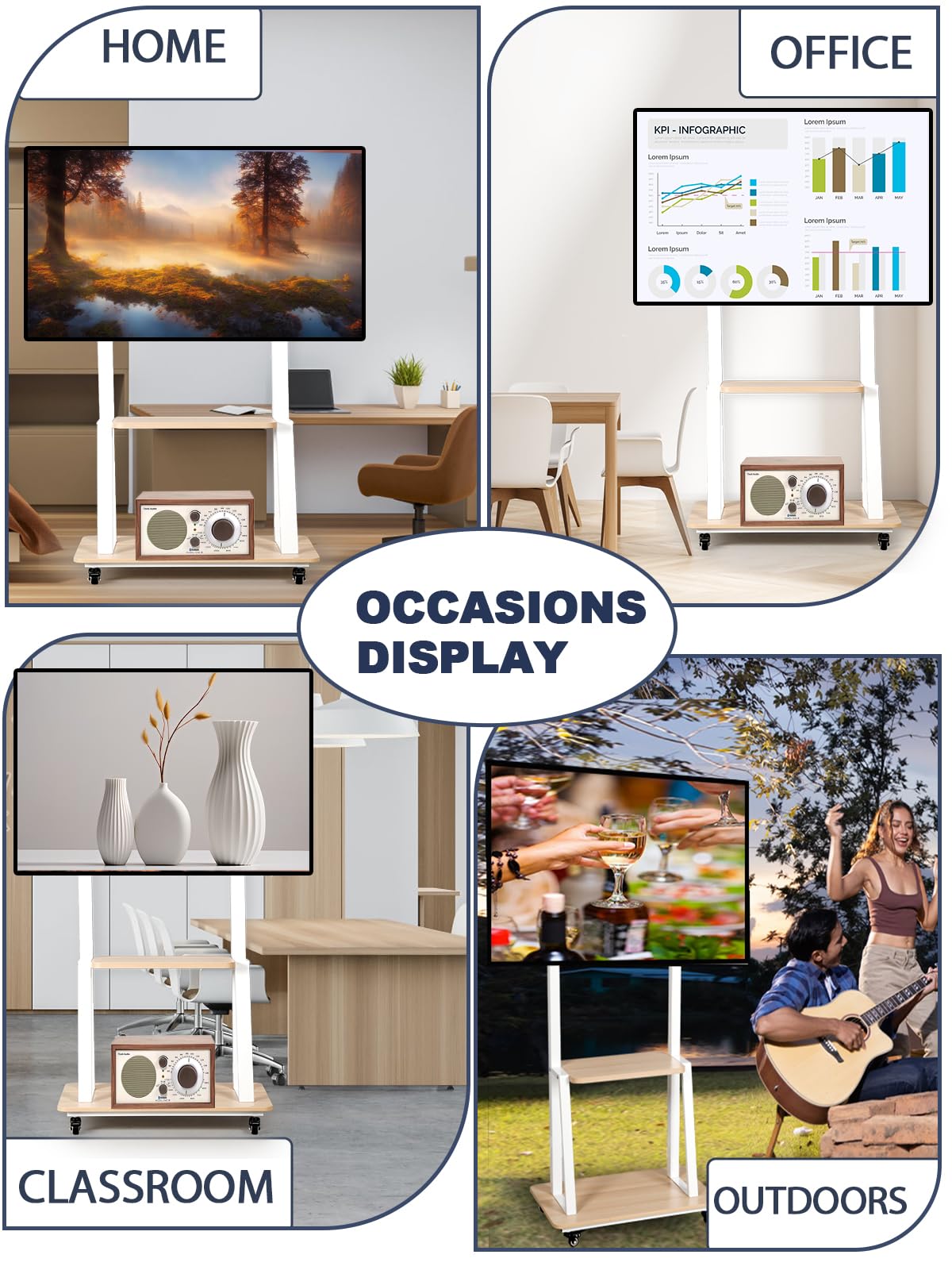 Heavy-Duty Mobile TV Stand for 32-75 Inch Flat/Curved Screens - Adjustable Height Rolling TV Cart with Wheels & Wood Shelf, Supports 100lbs (White) | Perfect for Living Rooms, Bedrooms & Home Theaters