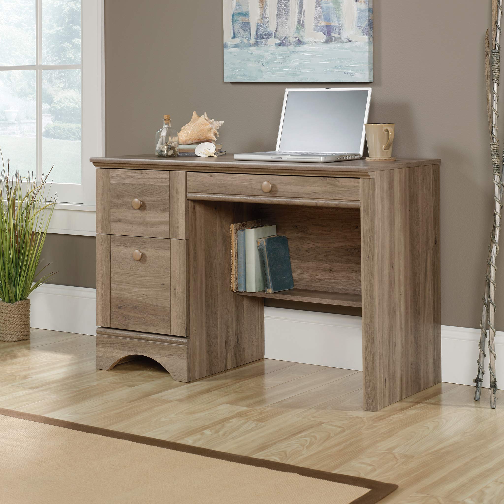 Sauder Harbor View Computer Desk - Salt Oak Finish - Home Office Desk for Work & Study - Compact Writing Desk with Storage Shelf