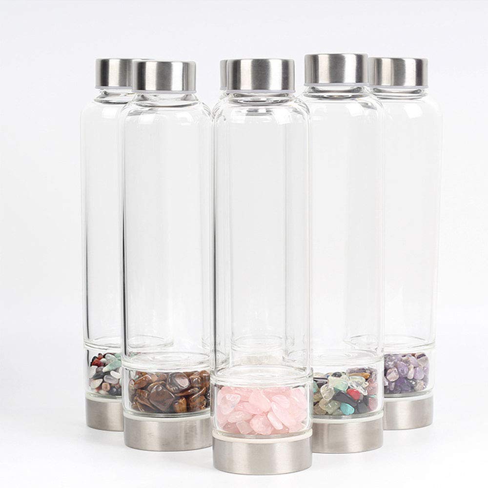 Gemstone Infused Glass Water Bottle - 550ml Reusable Travel Cup for Energy & Hydration