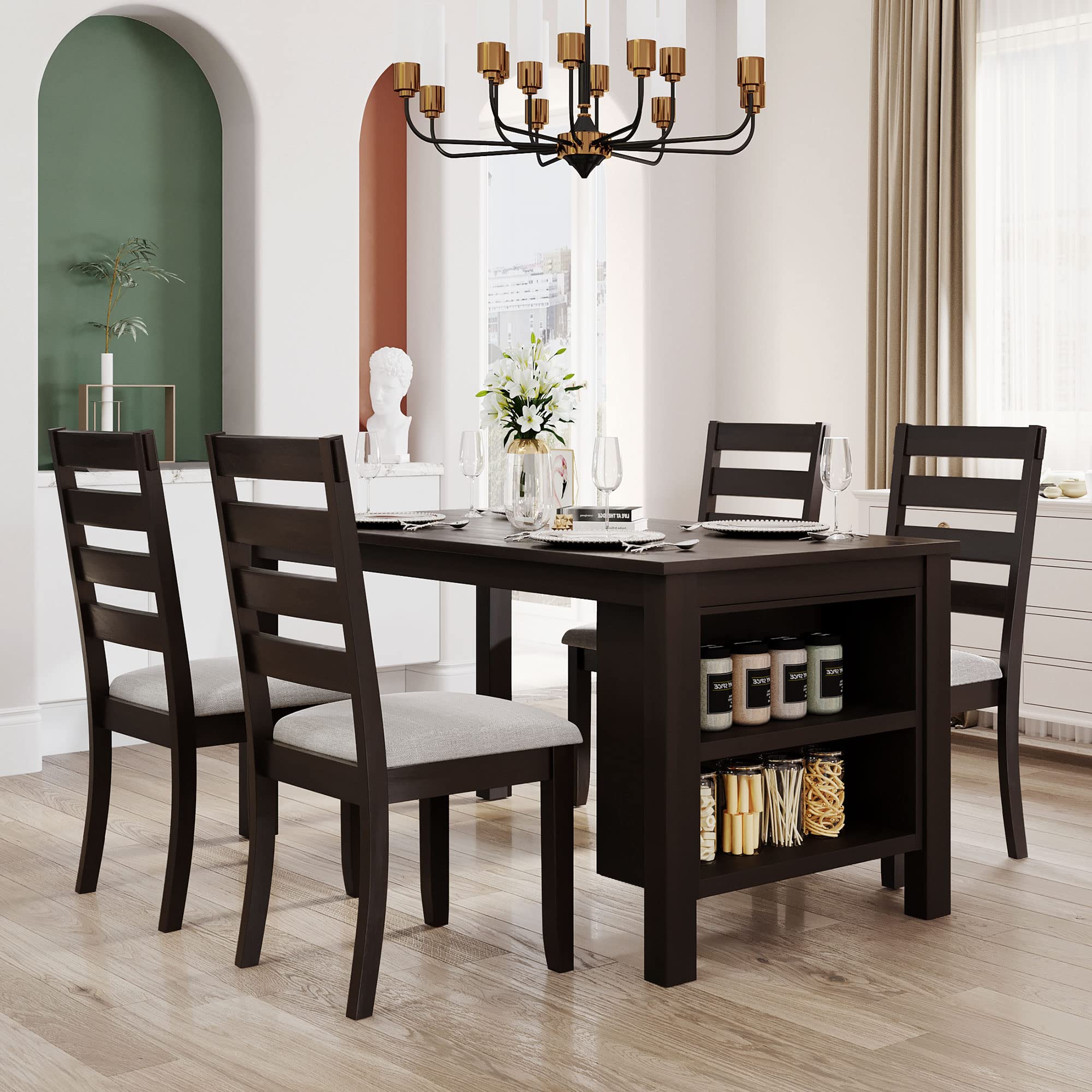 Merax 5-Piece Farmhouse Dining Table Set with 2-Tier Storage Shelves & 4 Padded Chairs, Espresso Brown - Rustic Wood Kitchen Table for Small Spaces, Breakfast Nook, and Apartment Dining Room