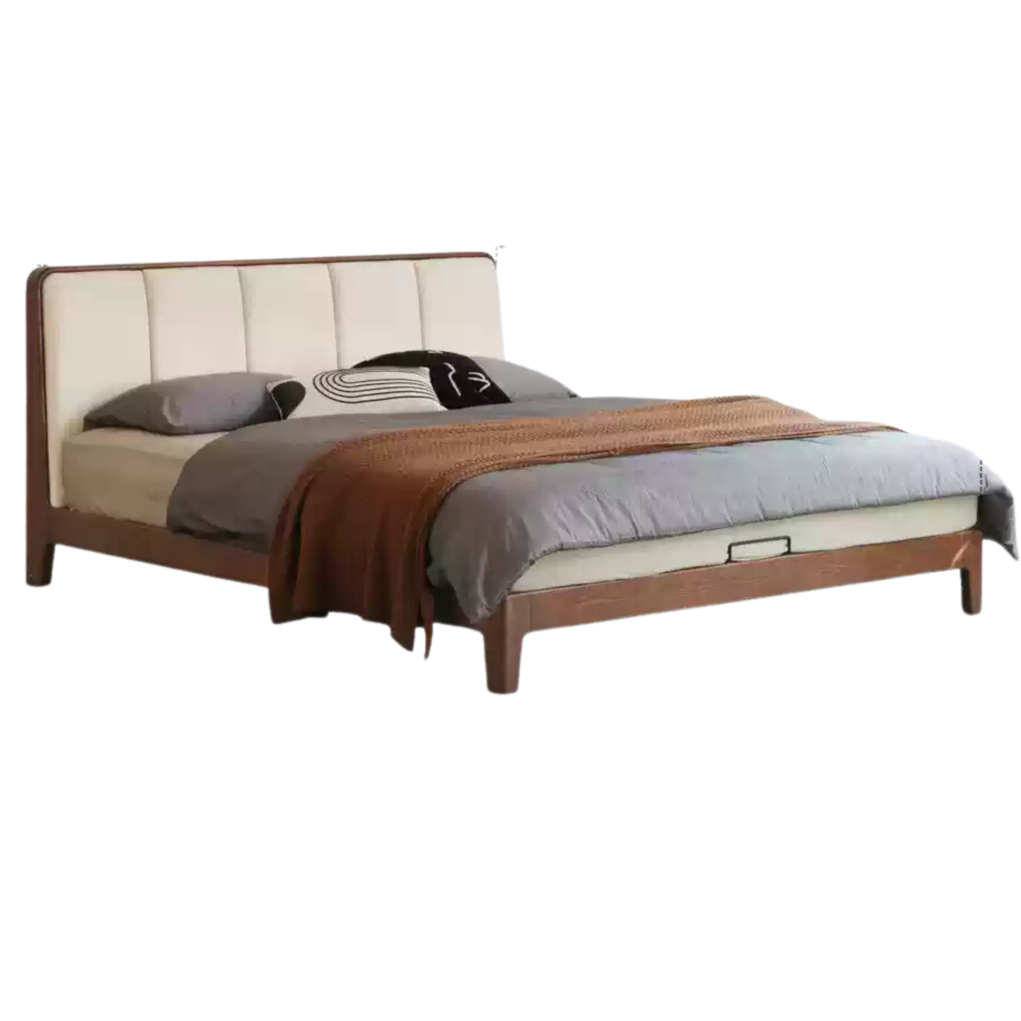 Solid Oak Wood Modern Platform Bed with Upholstered Headboard - Stylish and Durable Bedroom Furniture for Contemporary Homes