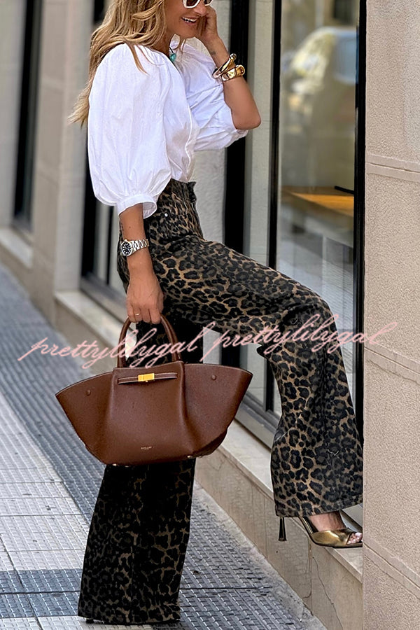 Wild Feel Denim Leopard Print High Rise Wide Leg Pocketed Jeans for Women - Trendy Vintage 90s Style Distressed Jeans for Casual Outfits, Streetwear & Night Out