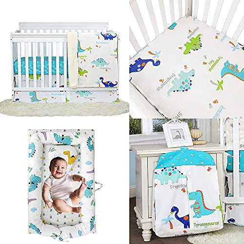 Brandream Dinosaur Nursery Bedding Set - 100% Cotton Baby Crib Bedding, Soft Blue & White Dinosaur Print Crib Sheet, Blanket & Bumpers - Perfect for Boys & Girls Nursery Decor, Baby Shower Gift & Newborn Sleep Safety