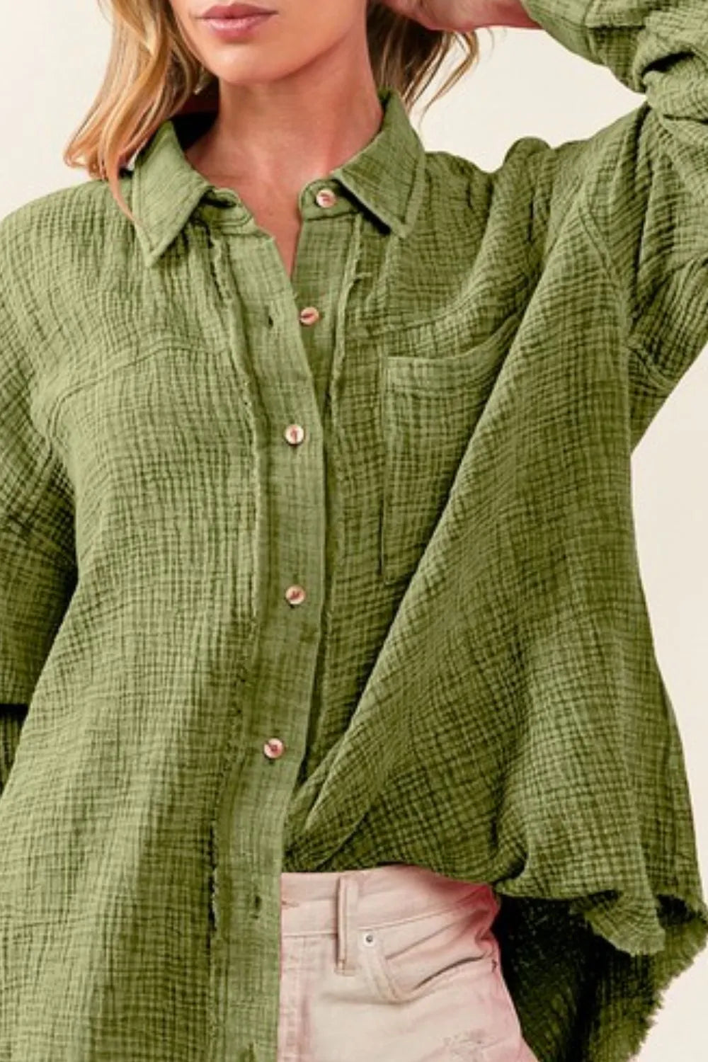 BiBi Raw Edge Detailed Mineral Washed Loose Fit Shirt for Women | Vintage Distressed Casual Top | Perfect for Streetwear, Layering & Boho Outfits