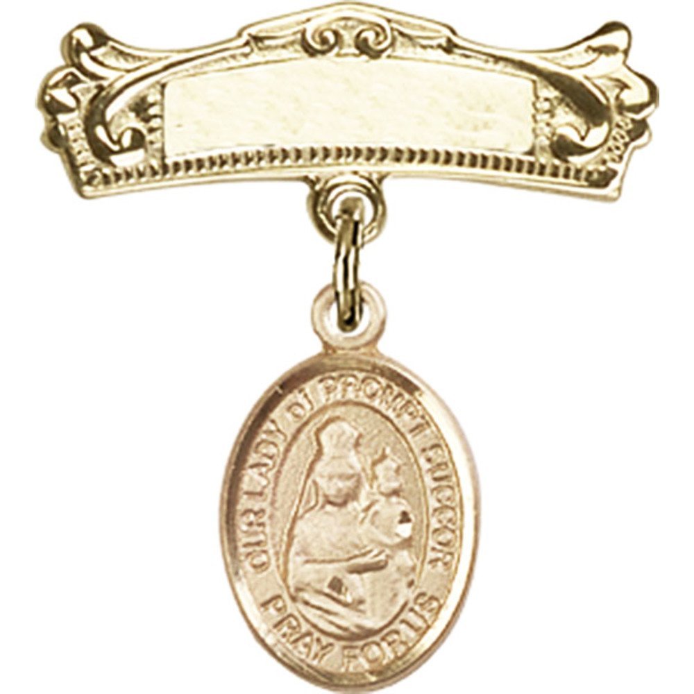 Gold Filled Baby Badge with Our Lady of Prompt Succor Charm - 7/8 X 3/4 Inch Arched Polished Pin - Perfect for Christening Gifts, Baby Showers & Religious Jewelry Collections
