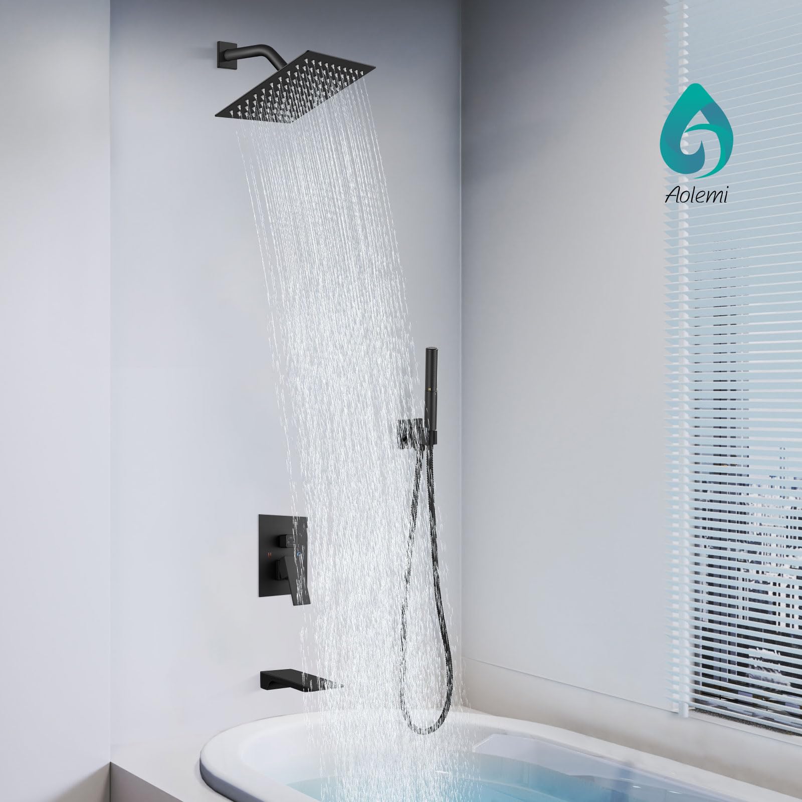 Aolemi Matte Black Shower System - 8 Inch Rainfall Shower Head with 2-in-1 Handheld & Waterfall Spout, Wall Mount Tub Faucet Combo Set with Rough-in Valve - Perfect for Modern Bathroom Renovation & Spa-Like Shower Experience