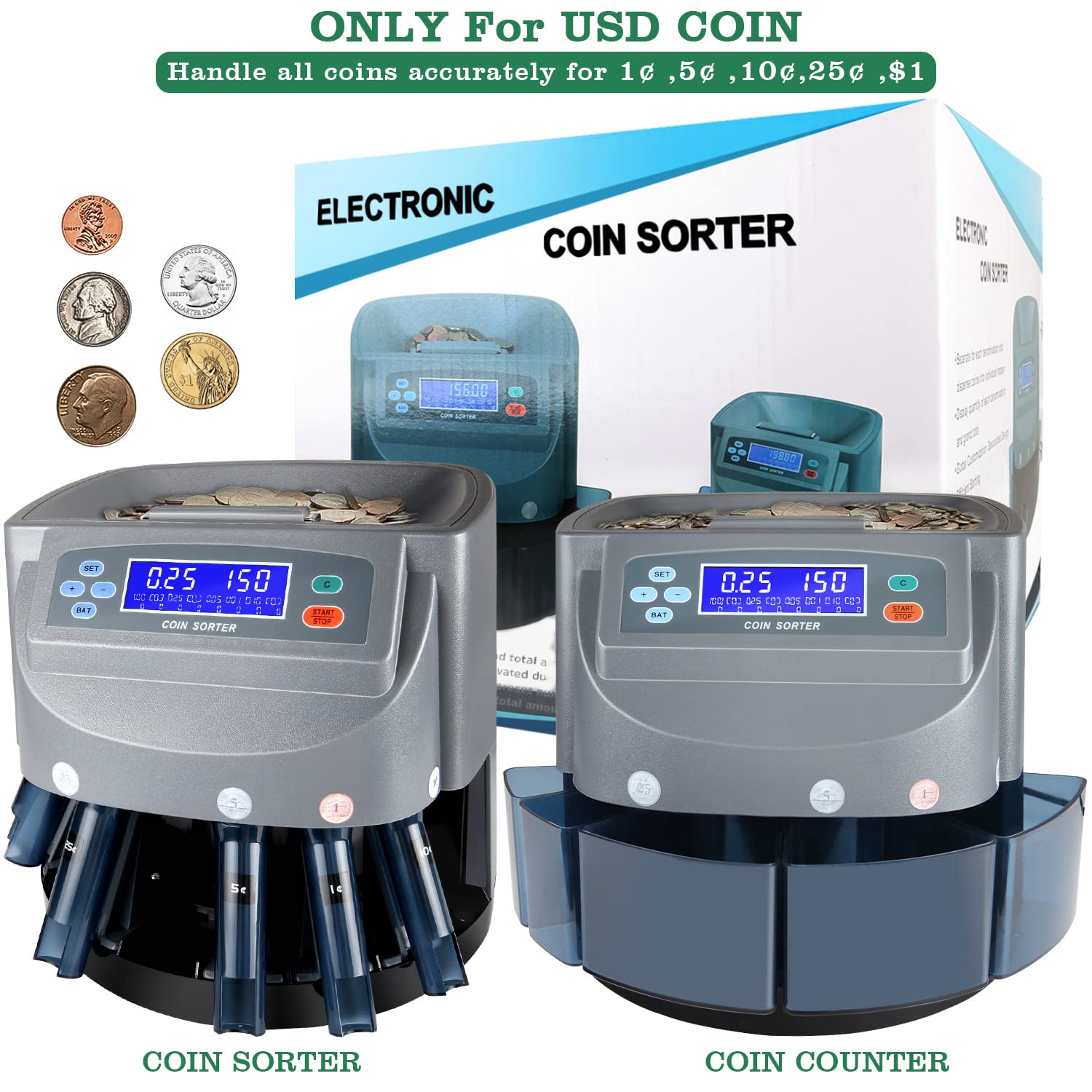 8T8 Professional Automatic Coin Sorter and Wrapper Machine - LCD Display, 5 Coin Bins & Tubes - Fast Money Counting for Banks, Retail Stores, and Small Businesses (USD Coin Counter)