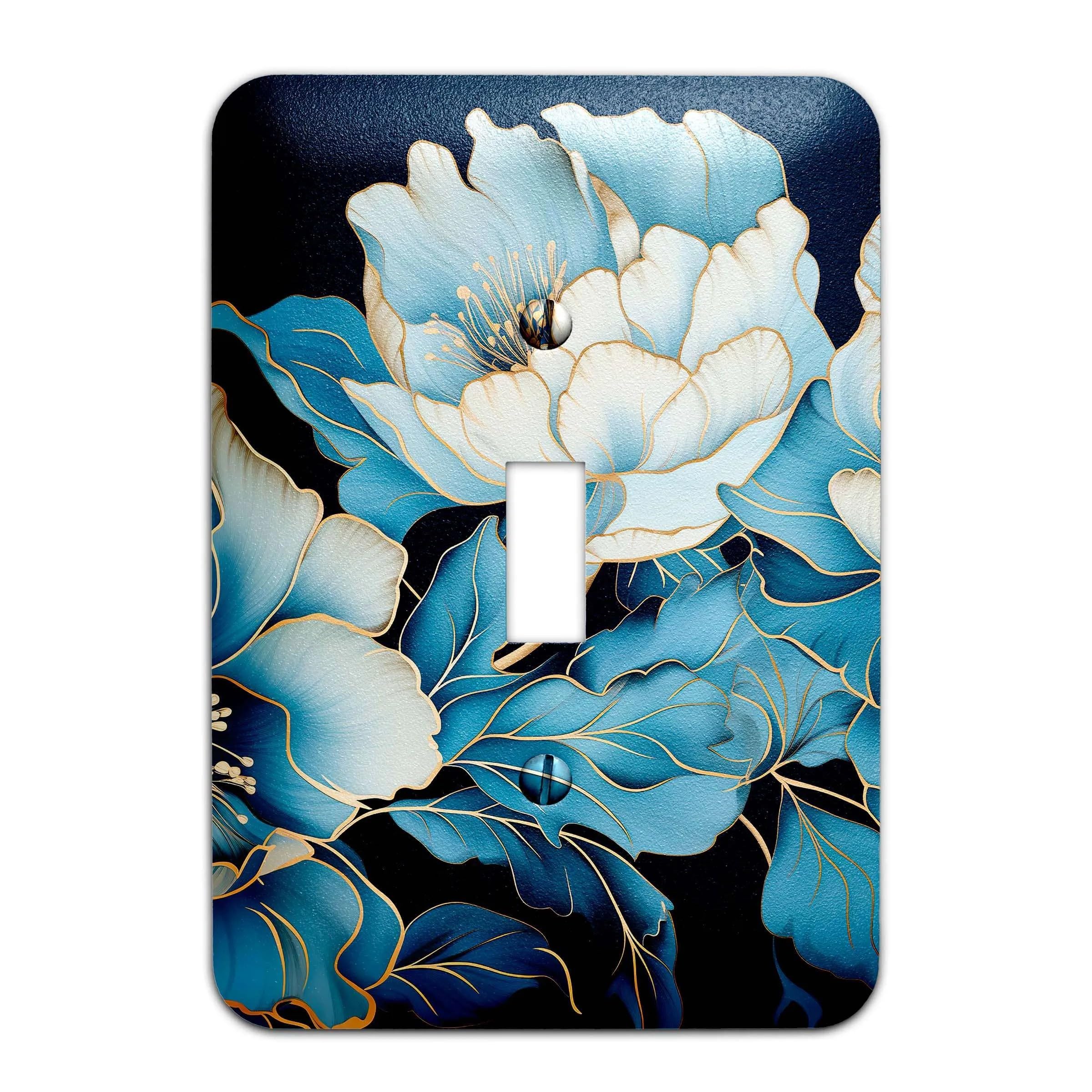 Blue Floral with Gold Accents Metal Light Switch Plate Cover - Decorative Single Rocker Wall Plate - Various Sizes Available #4762 - Perfect for Bedroom, Living Room & Home Decor