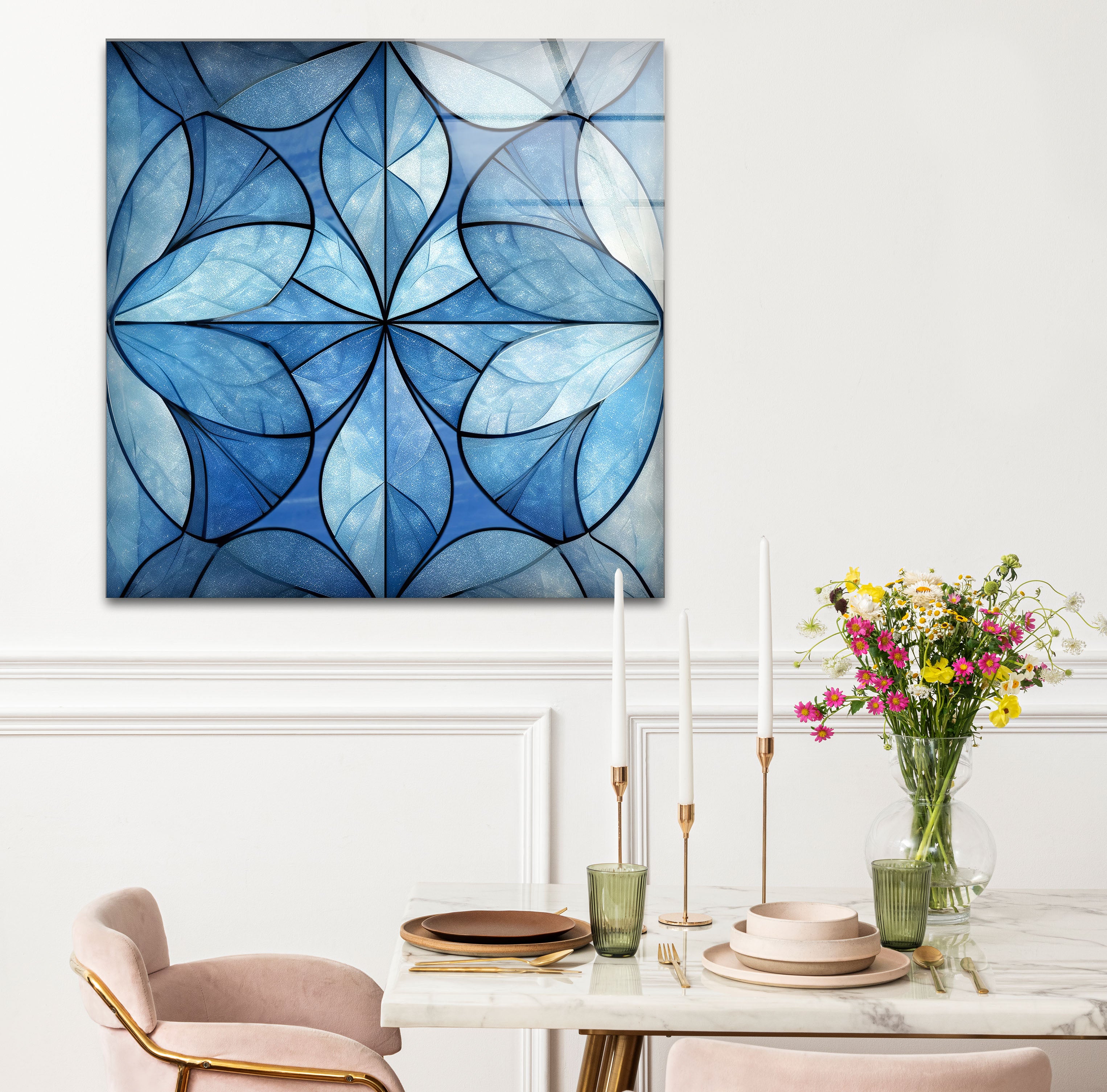 Blue Floral Geometric Wall Art - Modern Glass Panel with Elegant Petal Design for Home Decor, Living Room & Office