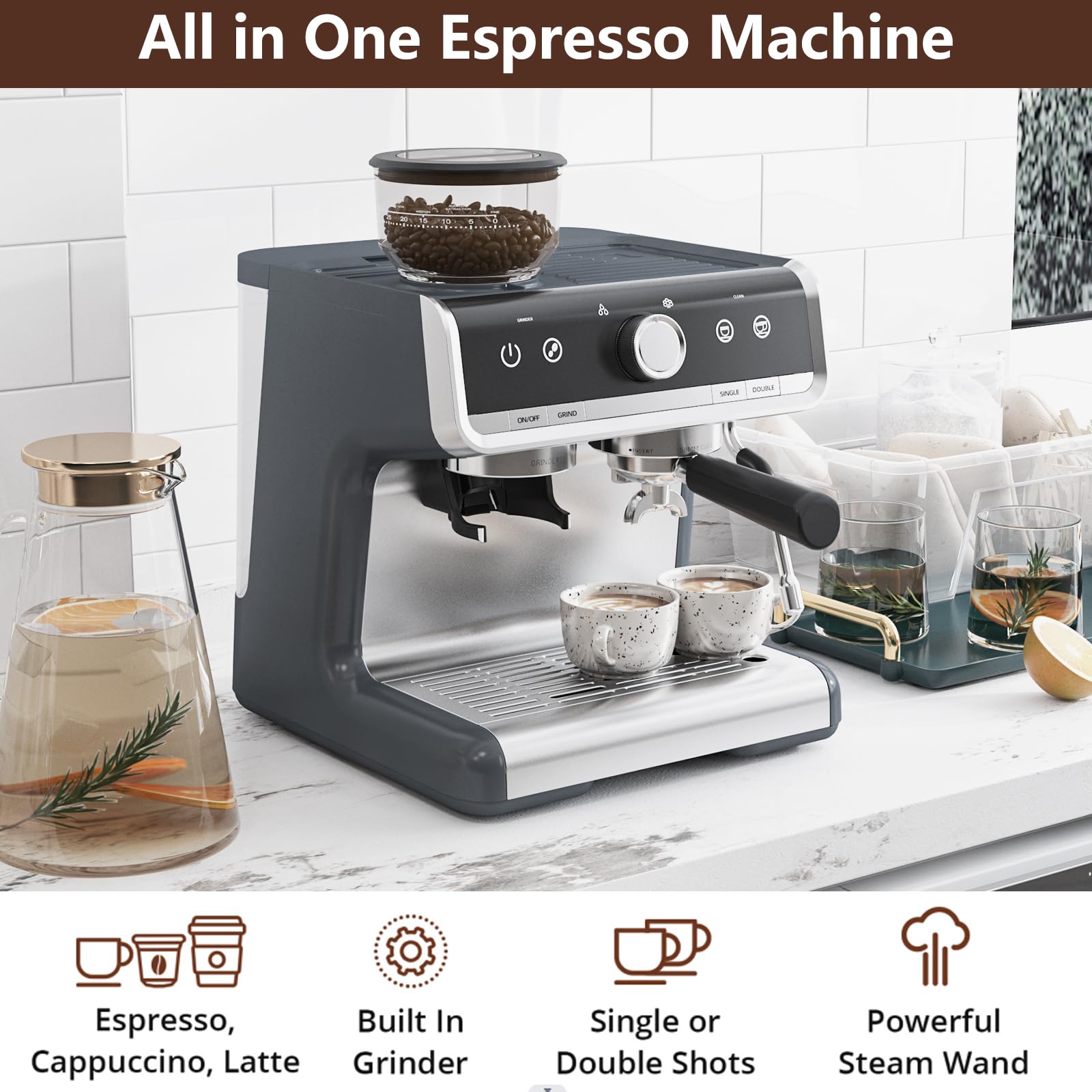 20 Bar Semi-Automatic Espresso Machine with Built-in Coffee Grinder & Milk Frother - 95oz Removable Water Tank for Cappuccino, Latte - Perfect for Home Baristas & Coffee Shops (Dark Gray)