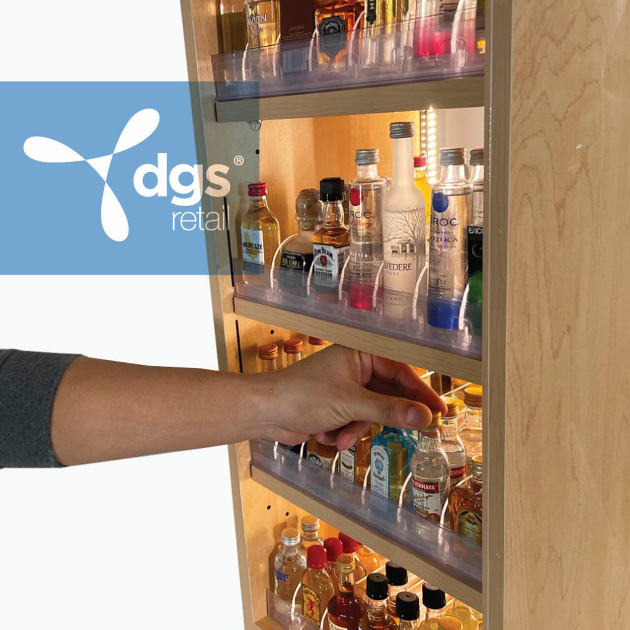 Commercial LED Lighted Retail Display for 50ml Mini Liquor Bottles - Oak Woodgrain MDF Countertop Showcase for Airplane Shots & Alcohol Nips - Perfect for Bars, Liquor Stores & C-Stores