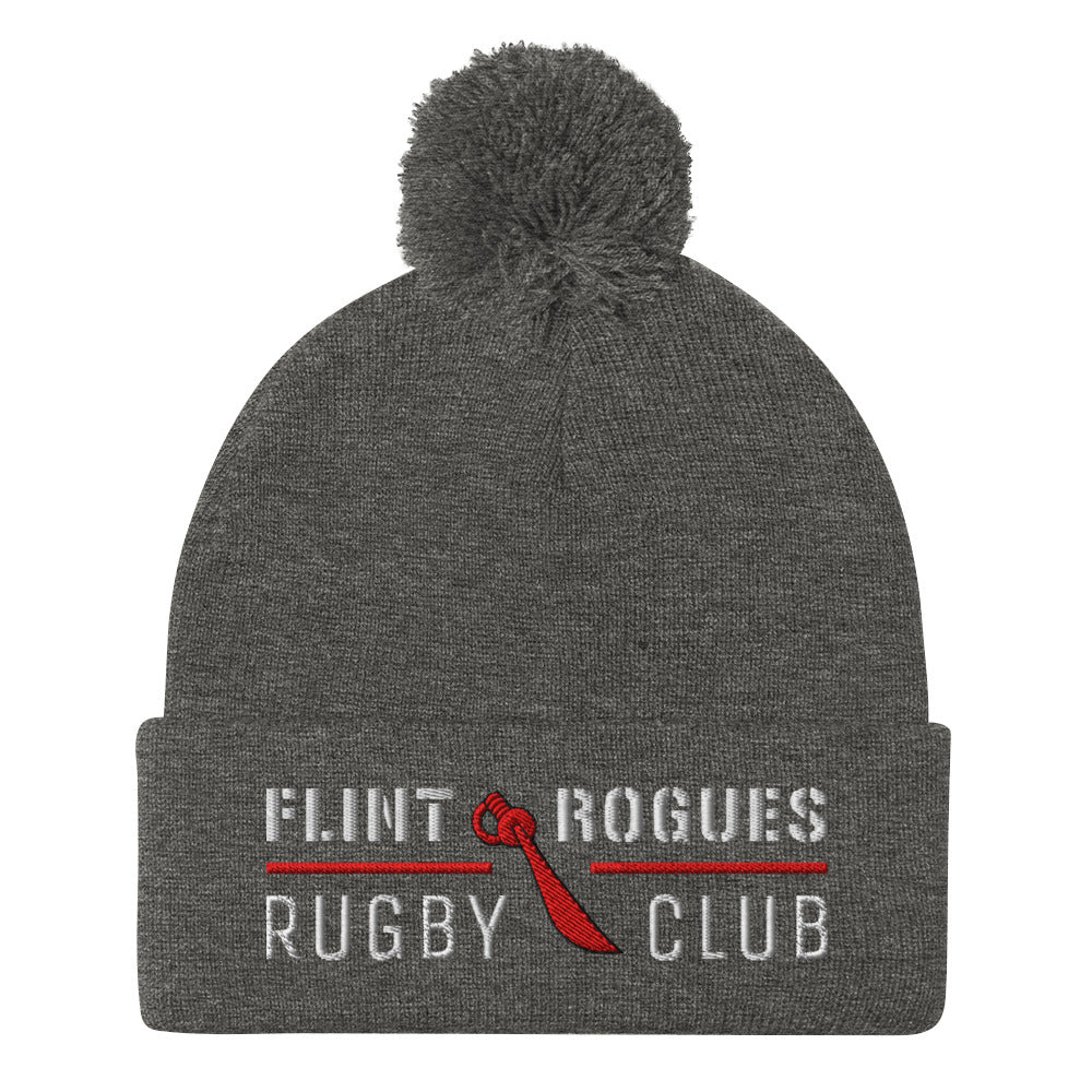 Flint Rogues RFC Pom Beanie - Winter Knit Hat for Men & Women - Soft Warm Skull Cap with Faux Fur Pom - Perfect for Snowboarding, Skiing, and Outdoor Activities