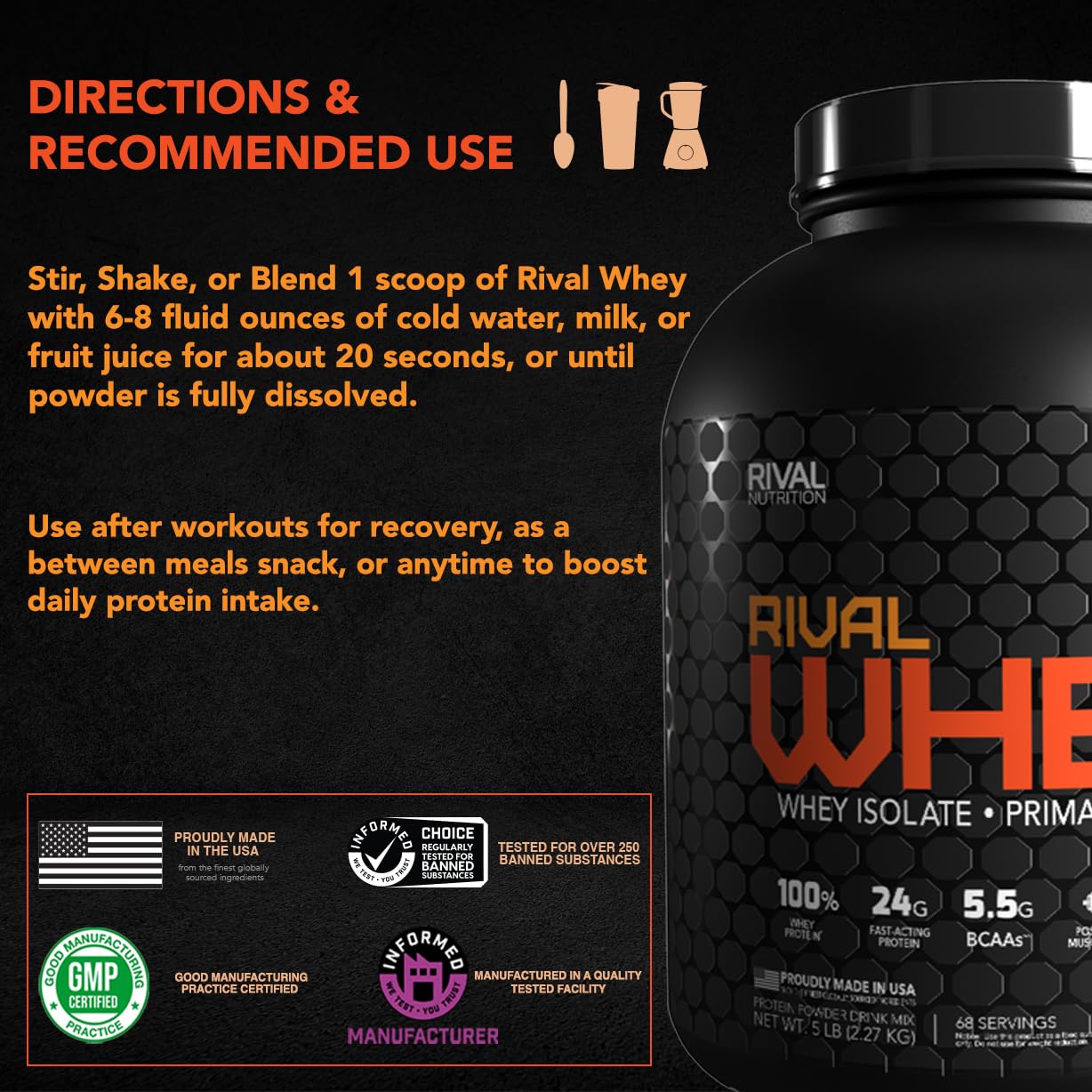 RIVAL NUTRITION Rival Whey Protein Powder - Cookies & Cream Flavor, 5lbs (2.27kg) for Muscle Recovery & Post-Workout Shakes | Gym, Fitness & Bodybuilding Supplement