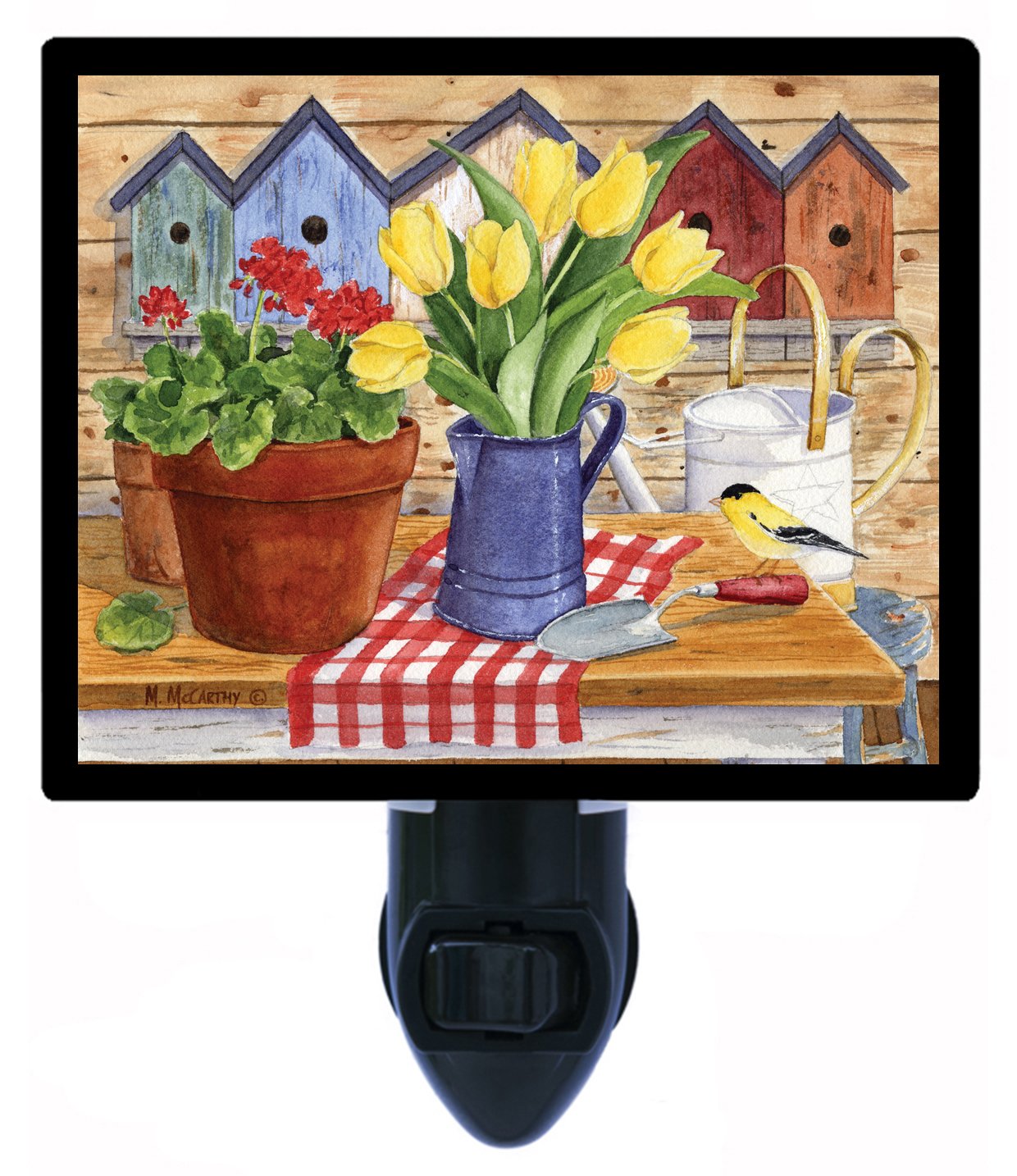 Country & Folk Style Night Light - Blue Coffee Pot with Tulips for Bedroom, Nursery & Cozy Home Decor