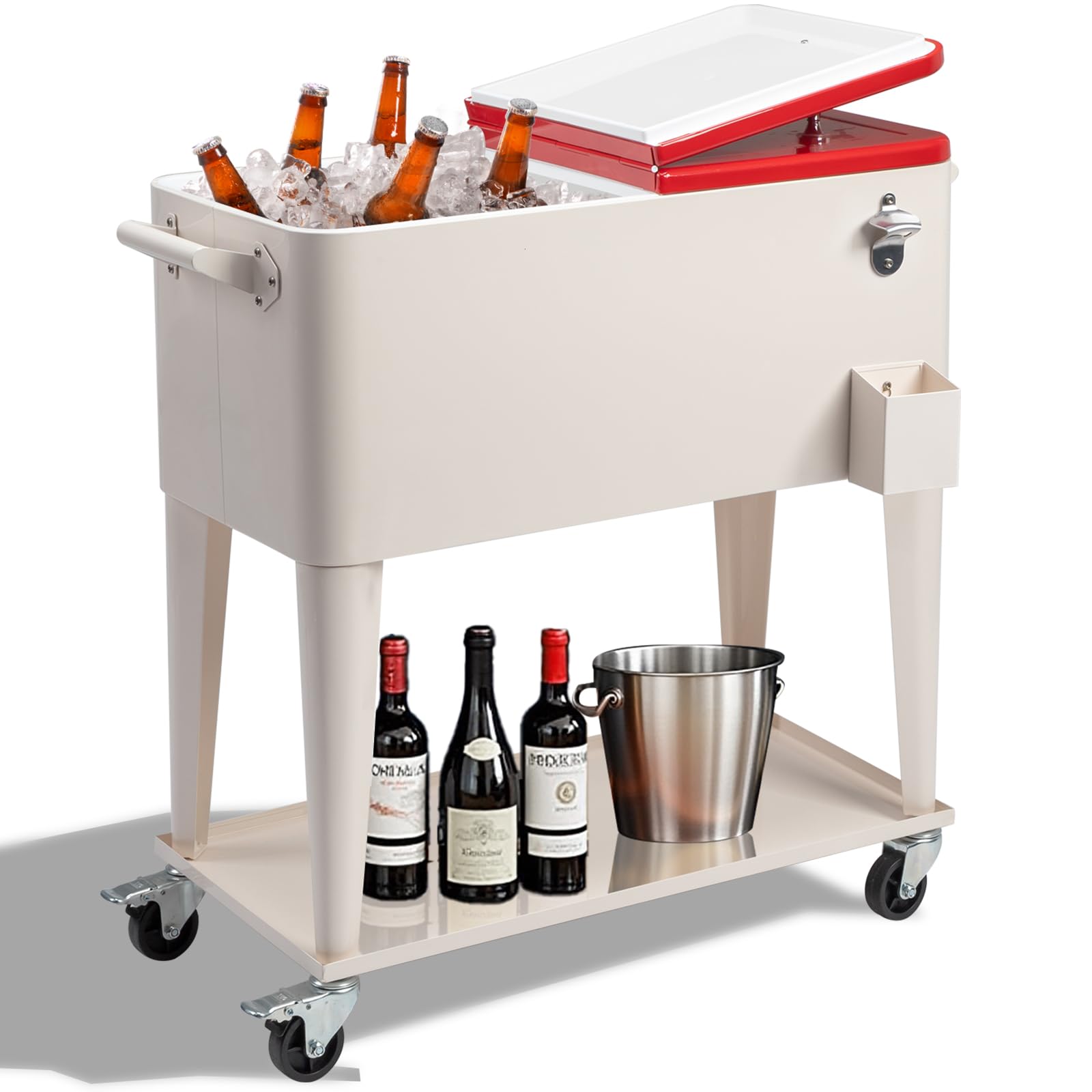 Outvita 80 Quart Rolling Ice Chest Cooler - Portable Bar Drink Cooler with Catch Basin, Bottom Storage Tray & Bottle Opener - Perfect for Patio Parties, BBQ, Beach Trips & Outdoor Camping Activities
