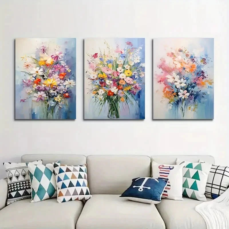 3-Piece Abstract Daisy Poppy Metal Wall Art - Ready to Hang Canvas Prints for Living Room, Bedroom & Office Decor