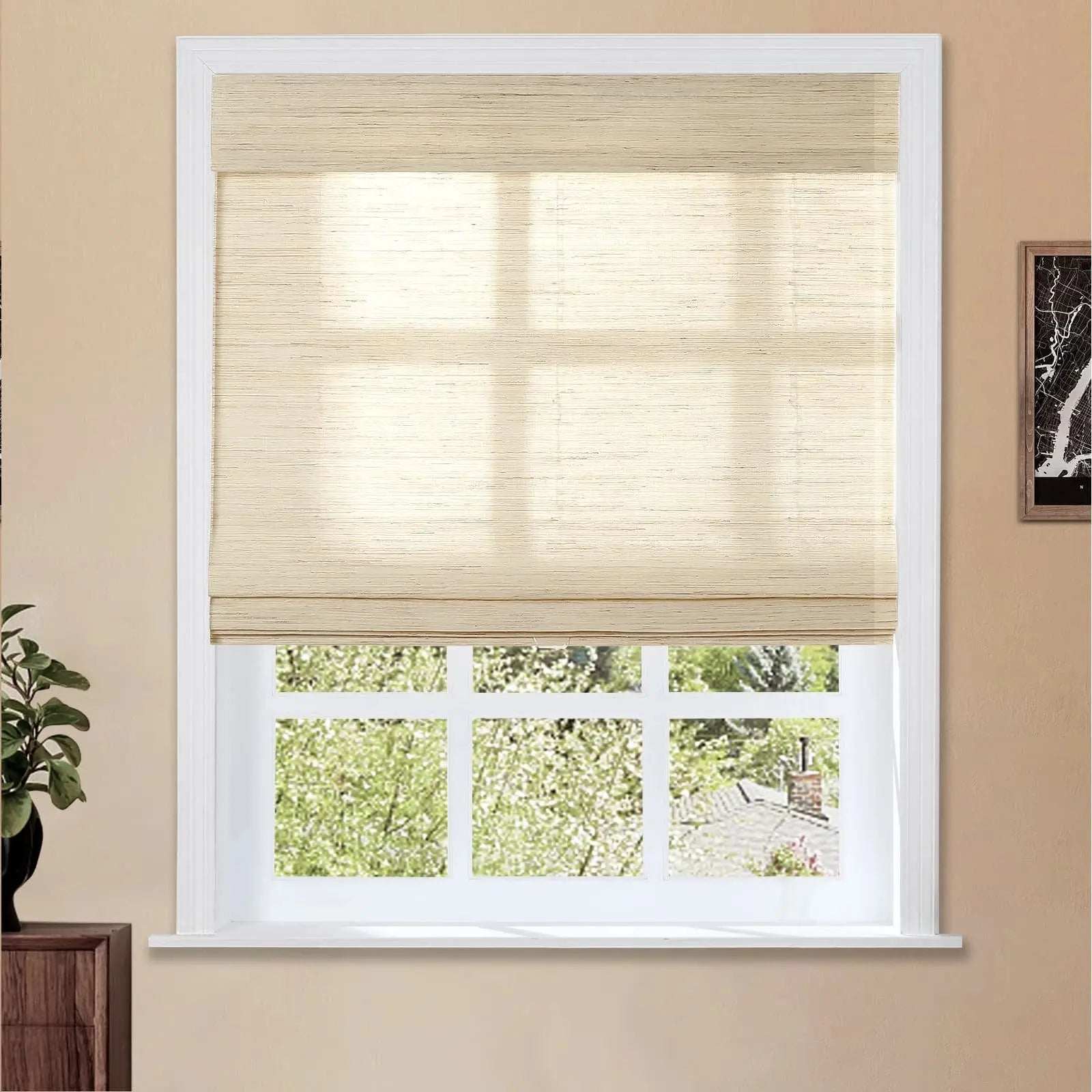 Natural Ramie Bamboo Woven Window Shade - Eco-Friendly Cashew Color Sun Blinds for Living Room & Bedroom