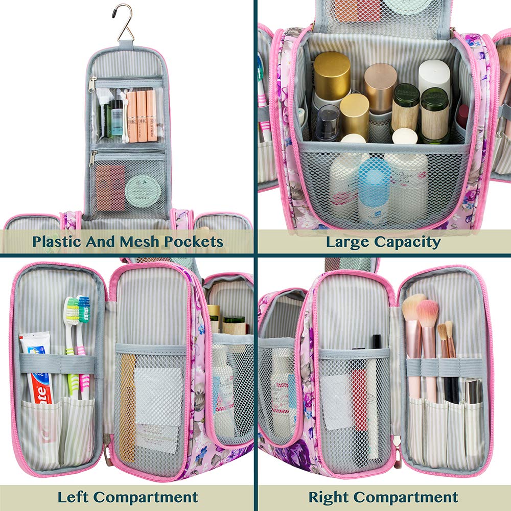 PAVILIA Hanging Toiletry Bag for Women & Men - Waterproof Travel Cosmetic Organizer with Multiple Pockets, Large Makeup Bag for Toiletries & Accessories (Floral Pink) - Perfect for Travel, Camping & Gym Essentials