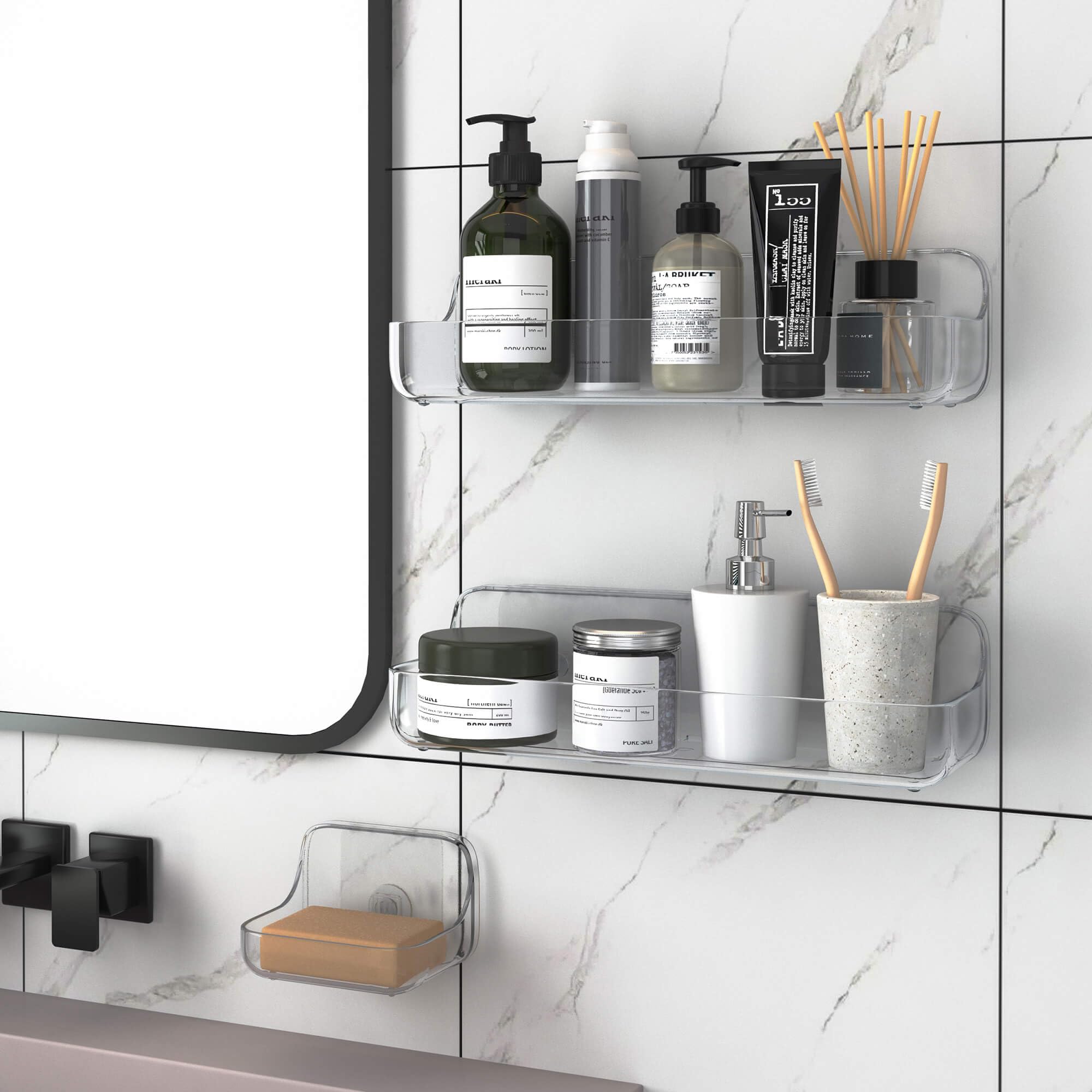 TZAMLI Adhesive Shower Caddy with Soap Dish - 3 Pack Clear Plastic Wall Mounted Bathroom Organizer Shelf for Shampoo, Conditioner & Soap Storage - Perfect for Small Bathrooms, Apartments & Dorm Showers