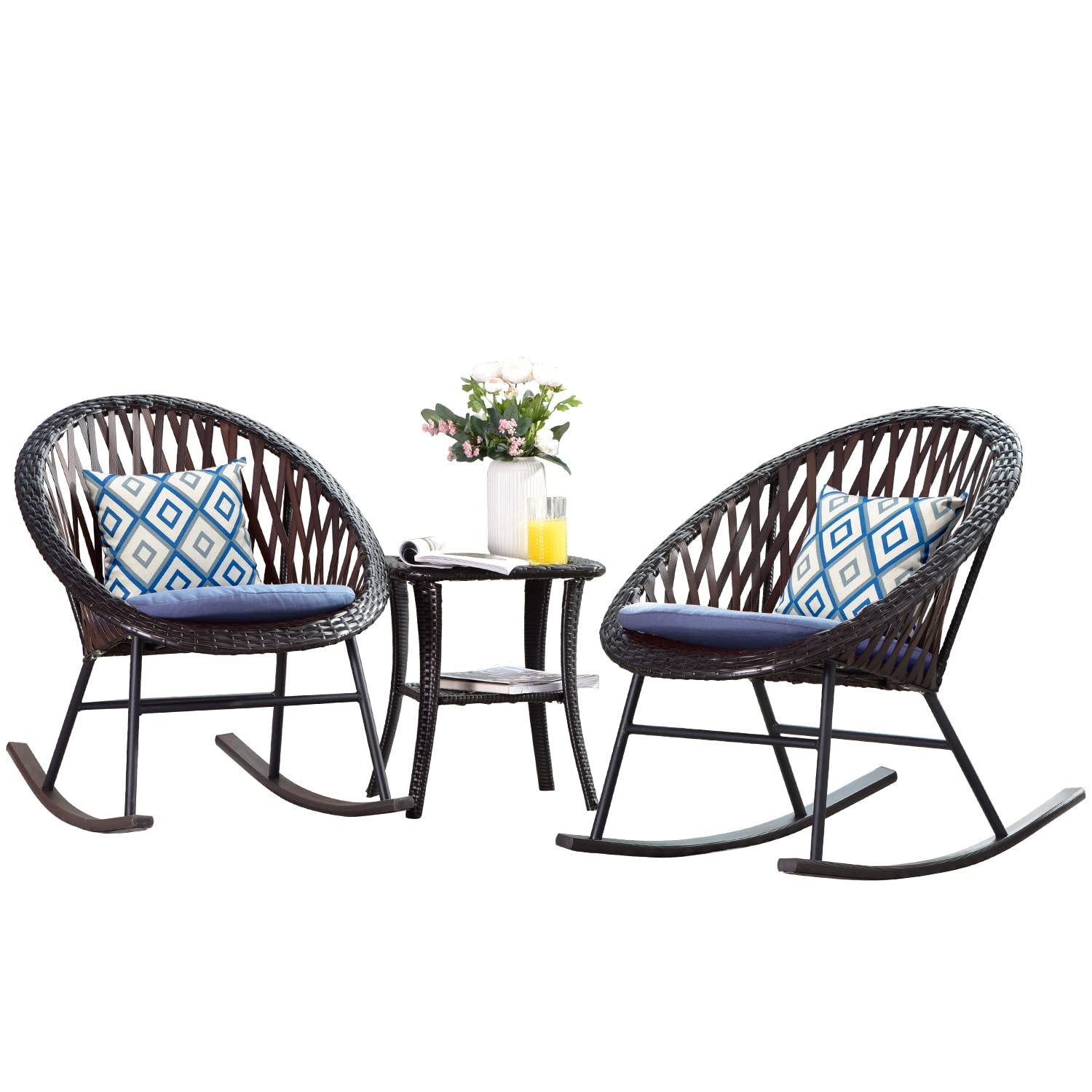 Ovios 3-Piece Patio Rocking Bistro Set - Outdoor Wicker Furniture with Glass Coffee Table, Porch Rocking Chairs Conversation Set for Small Spaces, Deck, Terrace, Garden (Blue) - Perfect for Relaxing, Entertaining & Enjoying Morning Coffee Outdoors