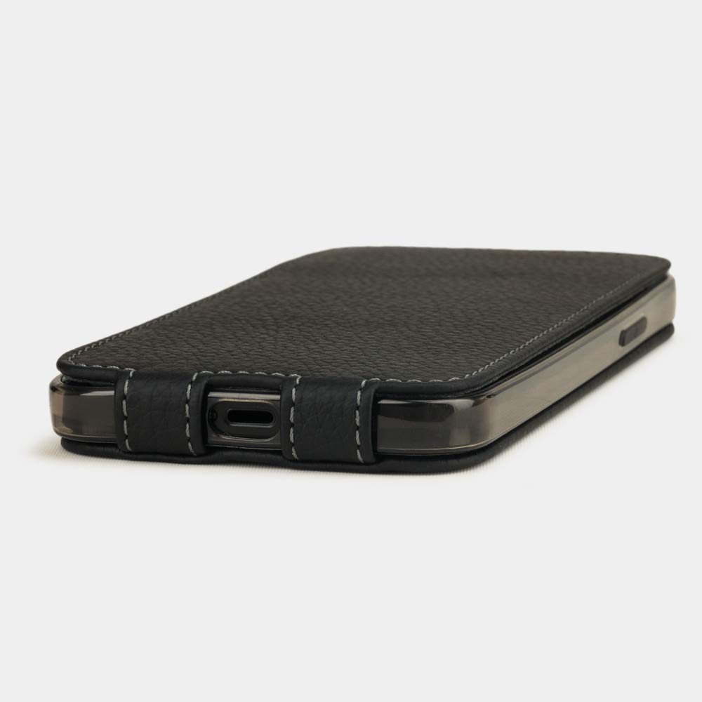 Premium Ultra Thin Leather Folio Case for iPhone 12 Pro Max - French Made Patented Design - Black Soft Genuine Leather - Perfect for Business & Travel Protection
