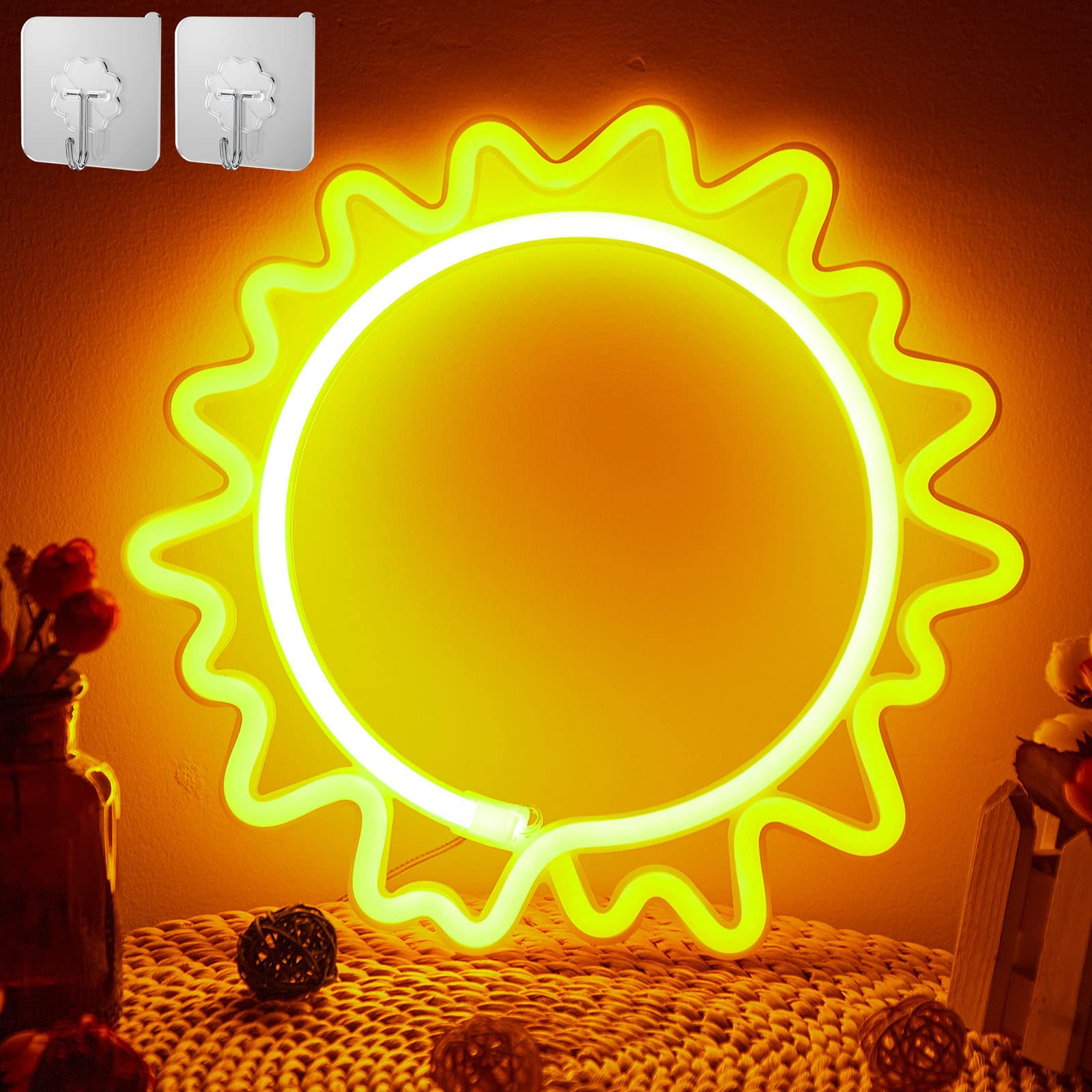 Rosnek Sun Neon Lights for Bedroom - USB/Battery Powered LED Neon Signs with 2 Hooks, Cool Wall Decor for Home, Bar, Party, Christmas & Birthday Gifts | Perfect for Bedroom, Living Room & Game Room Lighting