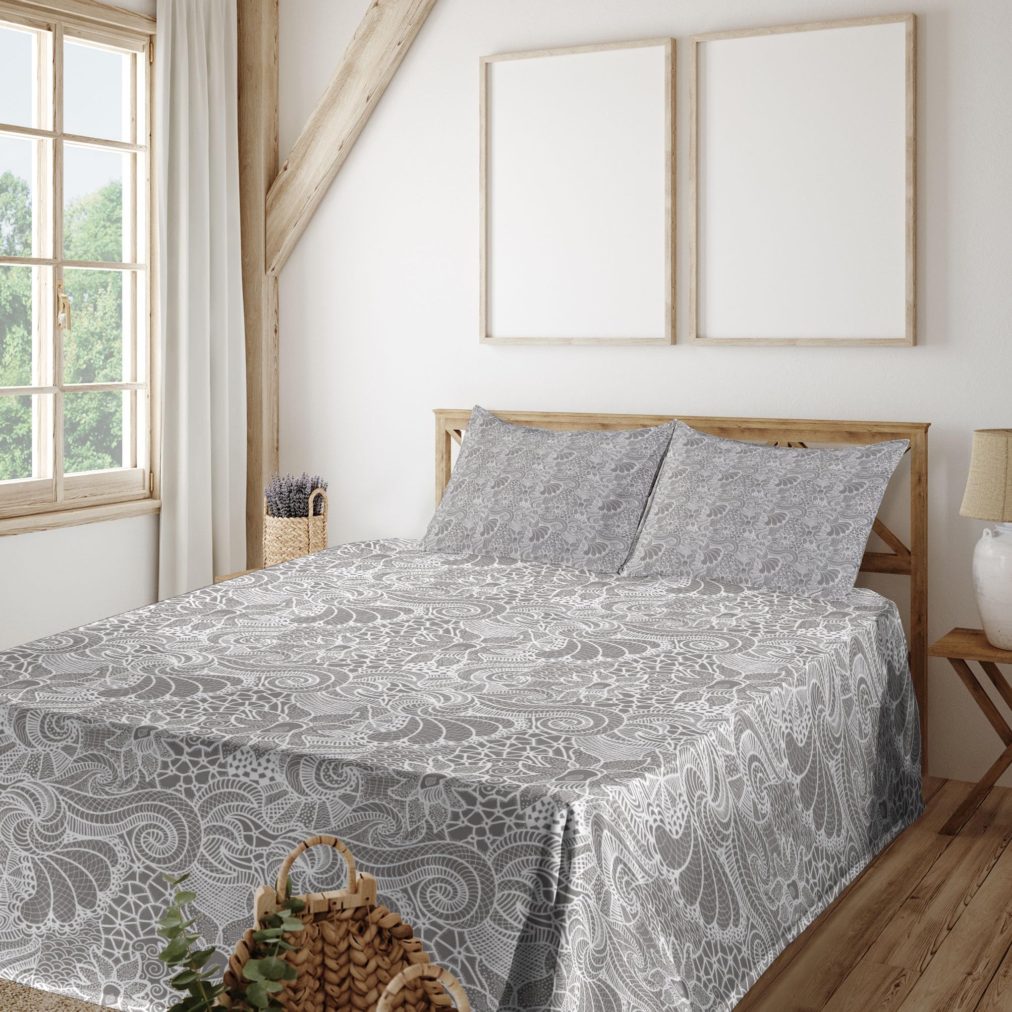 Ambesonne Floral Bed Sheet Set 4-Piece - King Size Grey & White Victorian Pattern with Fitted Sheet, Flat Sheet & Pillowcases | Classic Botanical Design for Master Bedroom, Guest Room or Vacation Home