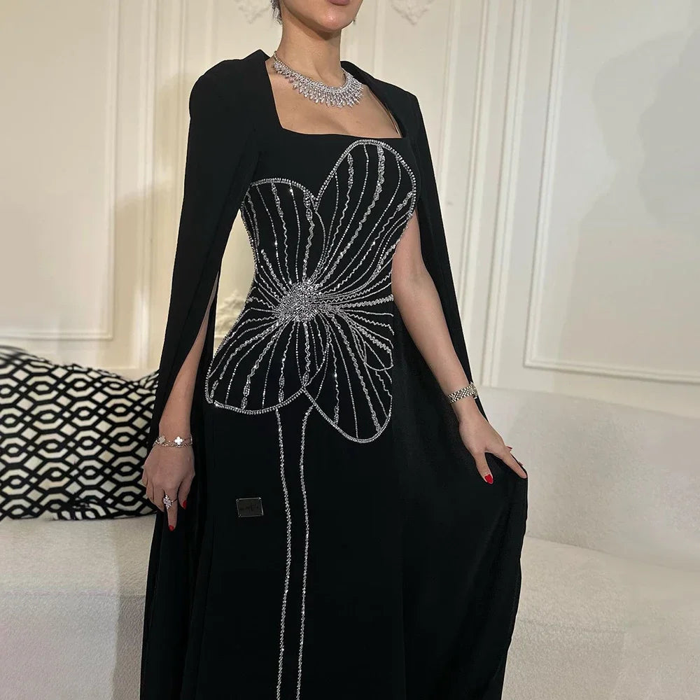 Elegant Black Luxury Beaded Arabic Evening Dress with Cape Sleeves LA72461 - Perfect for Weddings, Galas & Special Occasions
