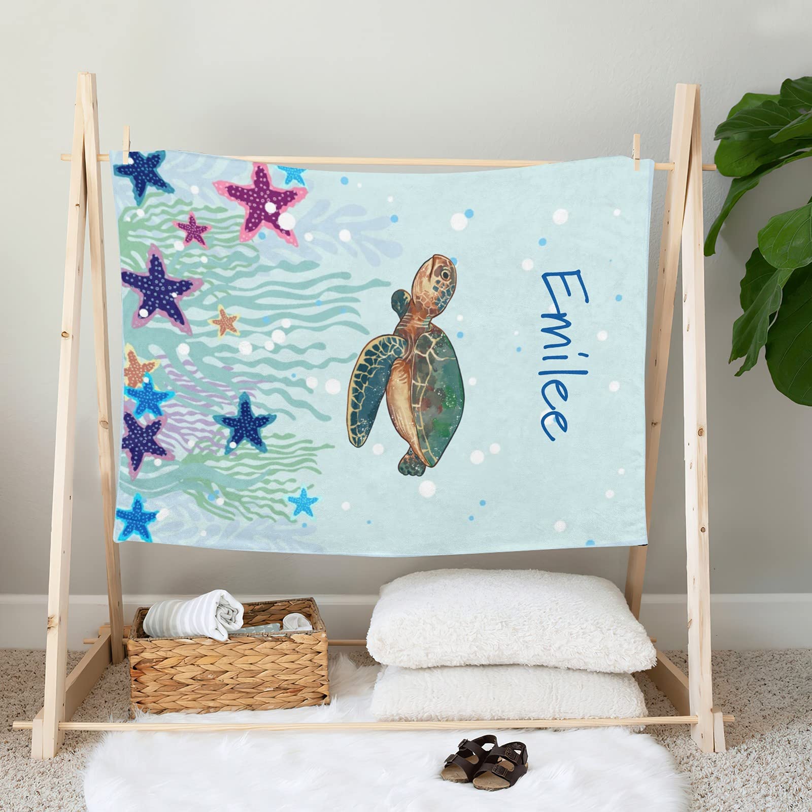 Personalized Baby Fleece Blanket with Custom Name - Super Soft 30x40 Inch Sea Turtle Starfish Design Blanket for Boys & Girls - Perfect Baby Shower, Birthday & Wedding Gift for Newborns (Nursery, Photo Props, Travel Blanket)