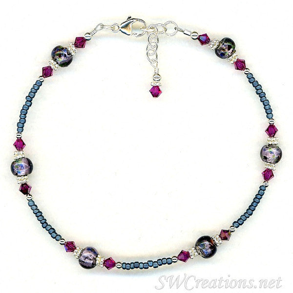 Fuchsia Amethyst Blue Beaded Anklet Bracelet for Women - Handmade Bohemian Adjustable Ankle Jewelry for Beach, Summer & Festival Outfits