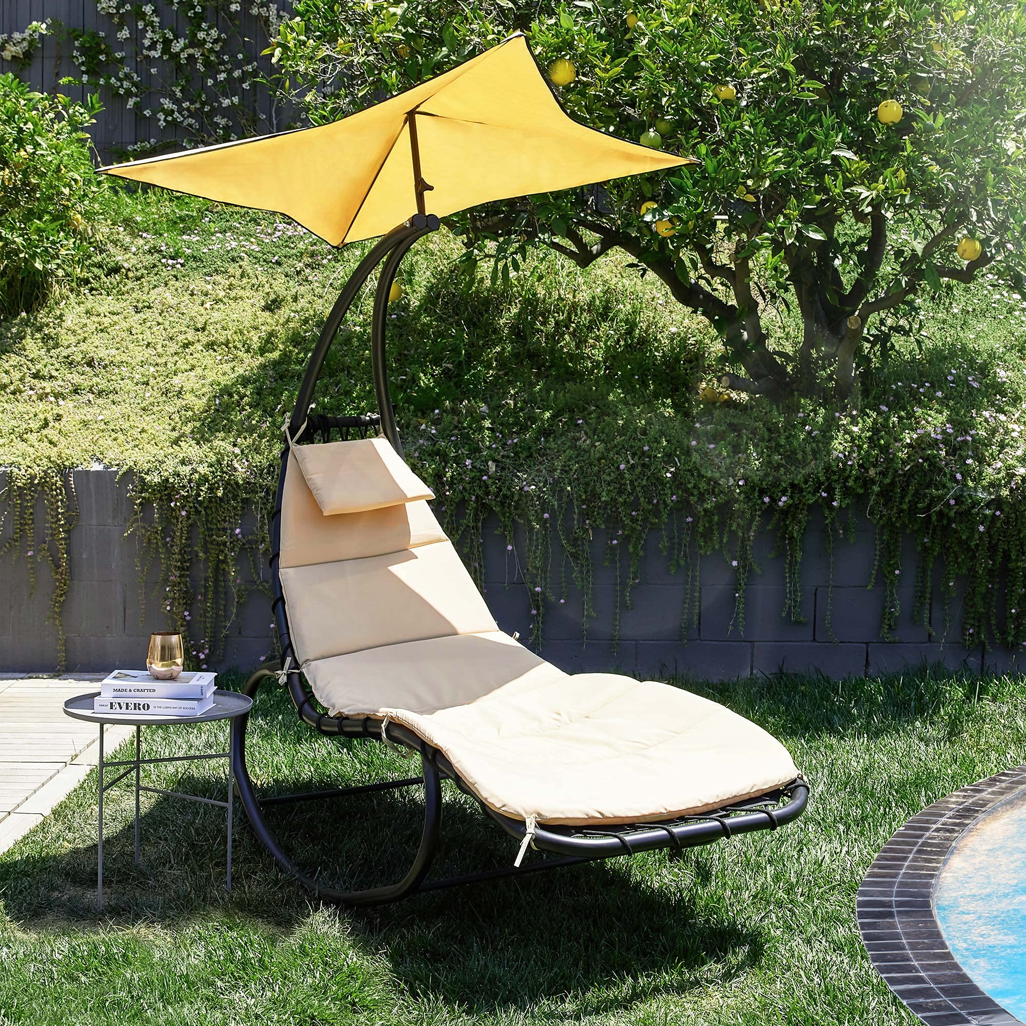 BELLEZE Canopy Swing Lounge Chair - Patio Hanging Hammock Chair with Removable Canopy & Built-in Pillow, Beige - Perfect for Outdoor Relaxation in Garden, Backyard or Poolside