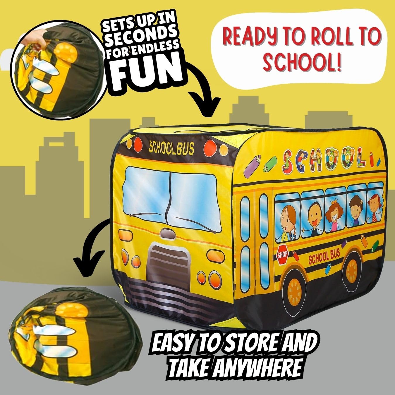 Foldable Pop Up Play Tent for Kids - Indoor & Outdoor Playhouse Toy for Toddlers, Boys & Girls (School Bus Design) | Perfect for Pretend Play, Birthday Gifts & Backyard Fun