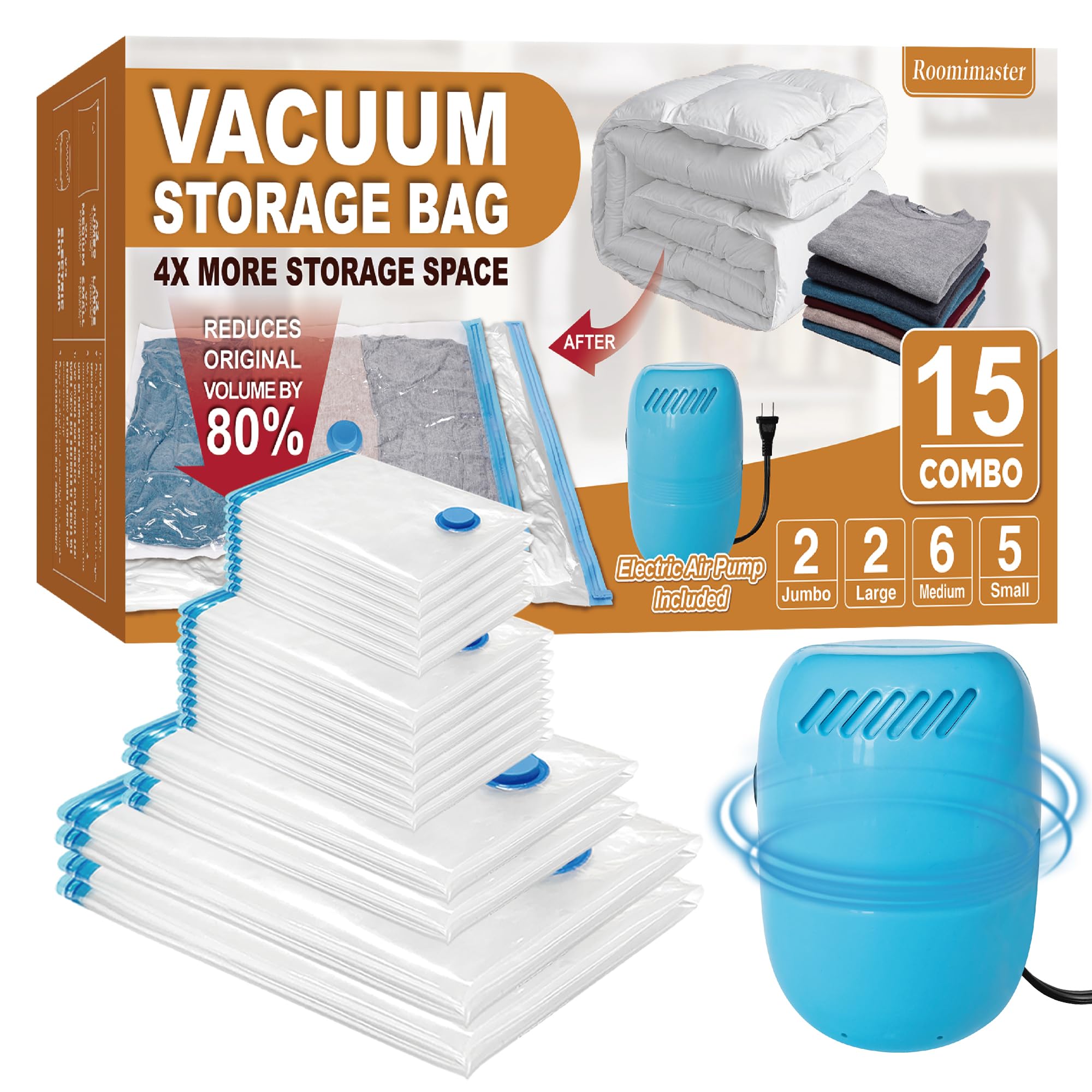 Electric Vacuum Storage Bags 15-Piece Set (2 Jumbo/2 Large/6 Medium/5 Small) - Space Saving Vacuum Seal Bags with Pump for Clothes, Comforters, Blankets & Bedding | Perfect for Travel, Seasonal Storage & Home Organization