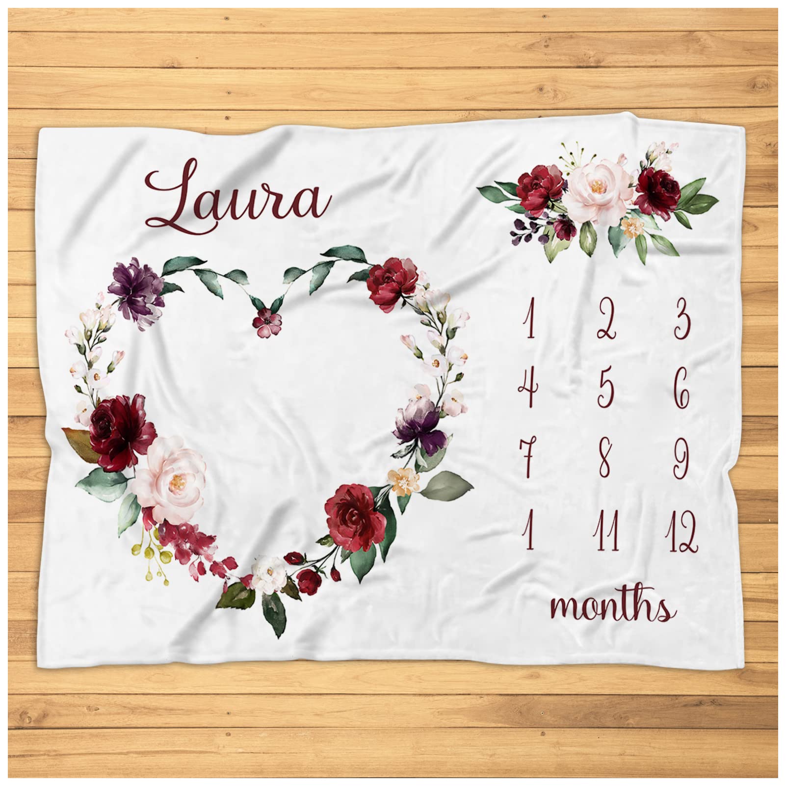 Floral Heart Baby Milestone Blanket for Girls - Personalized Newborn Growth Tracker Blanket | Soft Plush Floral Baby Blanket for Monthly Photos, Nursery Decor & First Birthday Gifts (Pink, 30