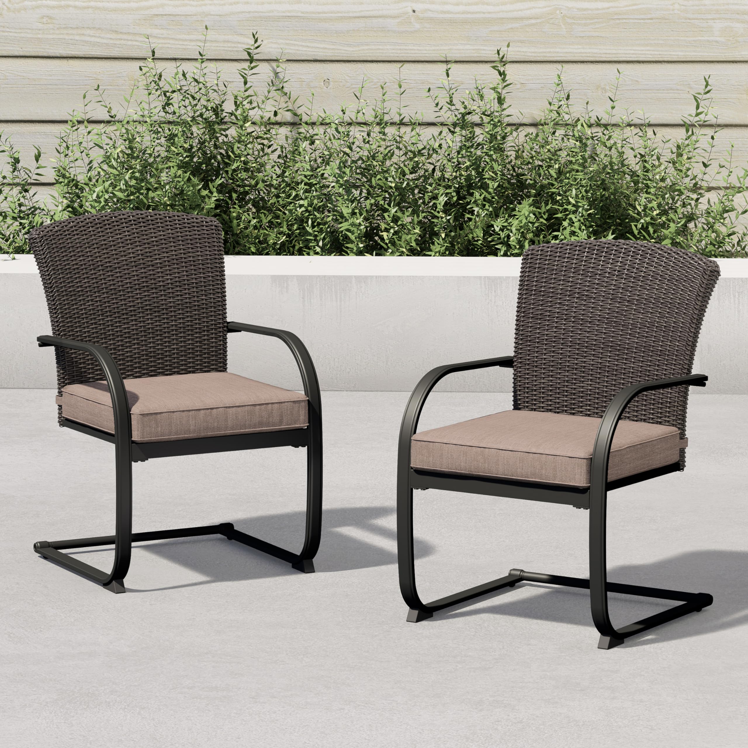 2-Piece Outdoor Wicker Dining Chairs Set with Cushions - Patio Furniture for Garden, Poolside, Backyard & Lawn - Beige Rattan Spring Chairs for Relaxing & Entertaining