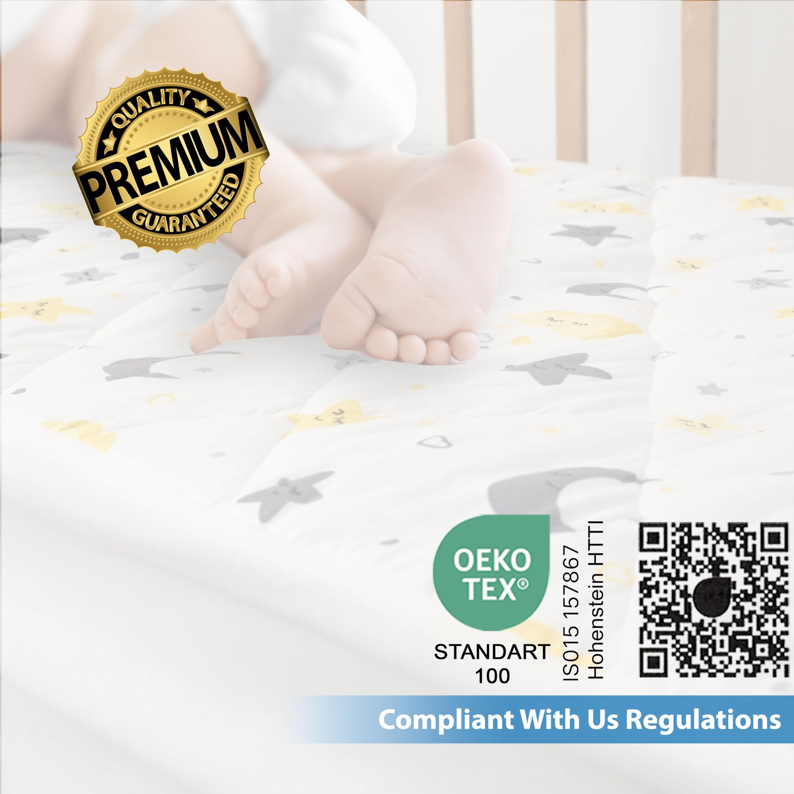 Waterproof Crib Mattress Protector - 100% Cotton Quilted Absorbent Sheet for Baby & Toddler - Certified Noiseless Machine Washable - Moon & Star Pattern 52
