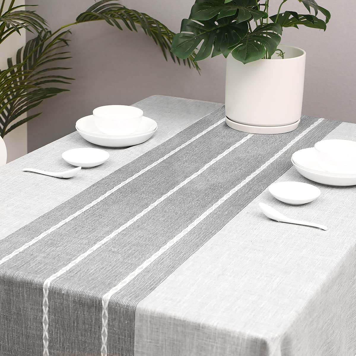 Vailge Farmhouse Tablecloth 55x120 Inches - Rustic Burlap Rectangle Table Cover with Striped Pattern & Tassel Trim, Dust-Proof Embroidered Cotton Linen Fabric for Dining Table Decor - Perfect for Outdoor Picnics, Weddings, and Farmhouse Style Home Decor